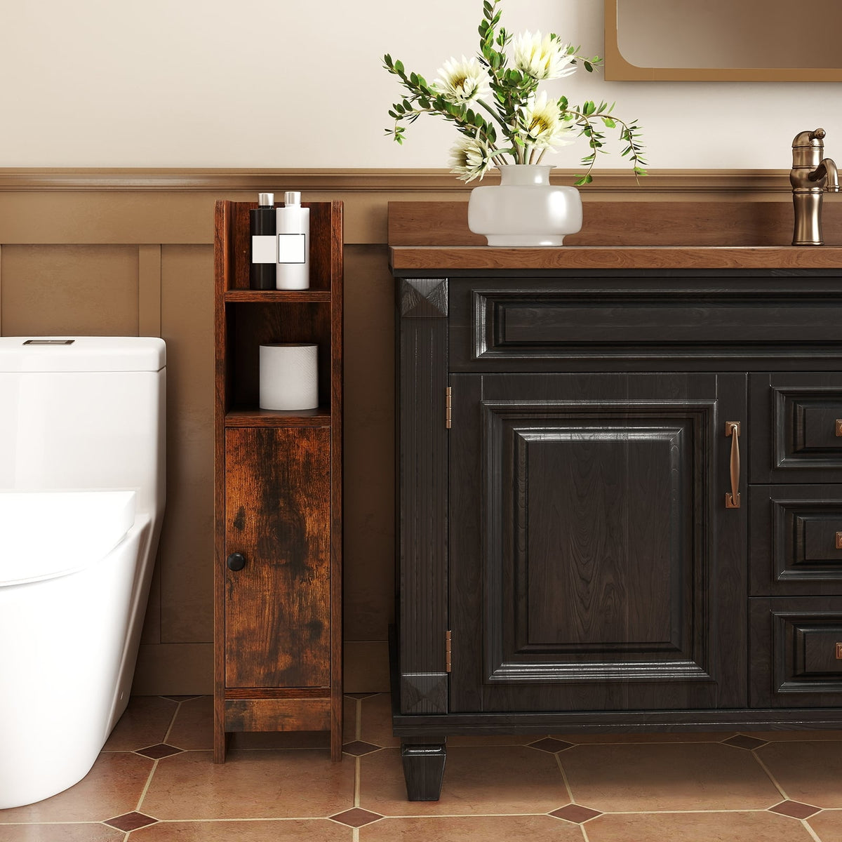 Slim Bathroom Corner Cabinet - Rustic Brown 8" x 7" x 31.5"-Floor Cabinets-DECOROLALA