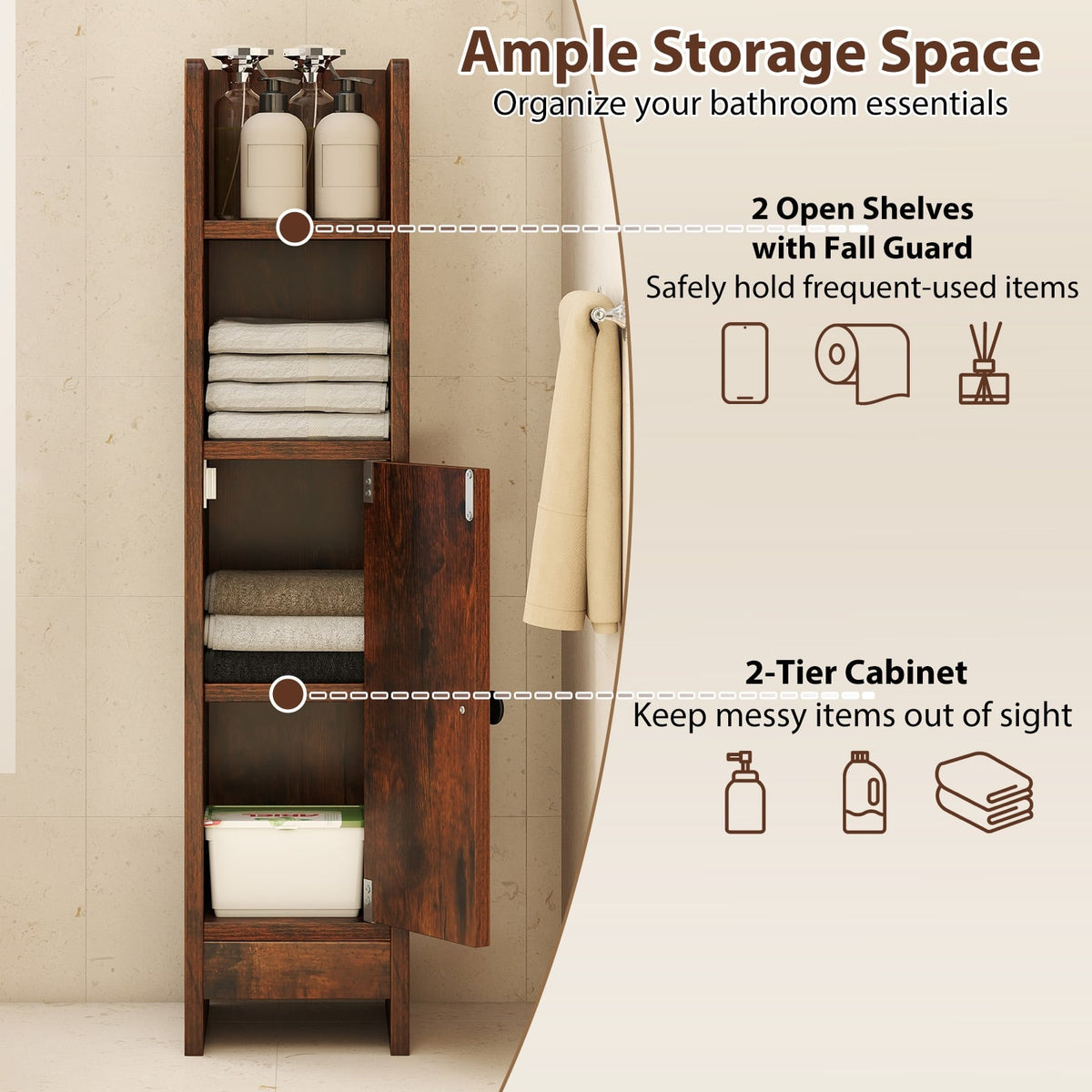 Slim Bathroom Corner Cabinet - Rustic Brown 8" x 7" x 31.5"-Floor Cabinets-DECOROLALA