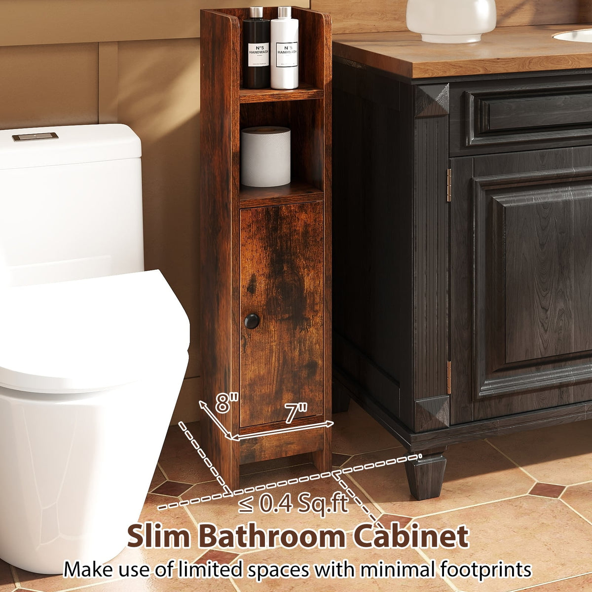 Slim Bathroom Corner Cabinet - Rustic Brown 8" x 7" x 31.5"-Floor Cabinets-DECOROLALA
