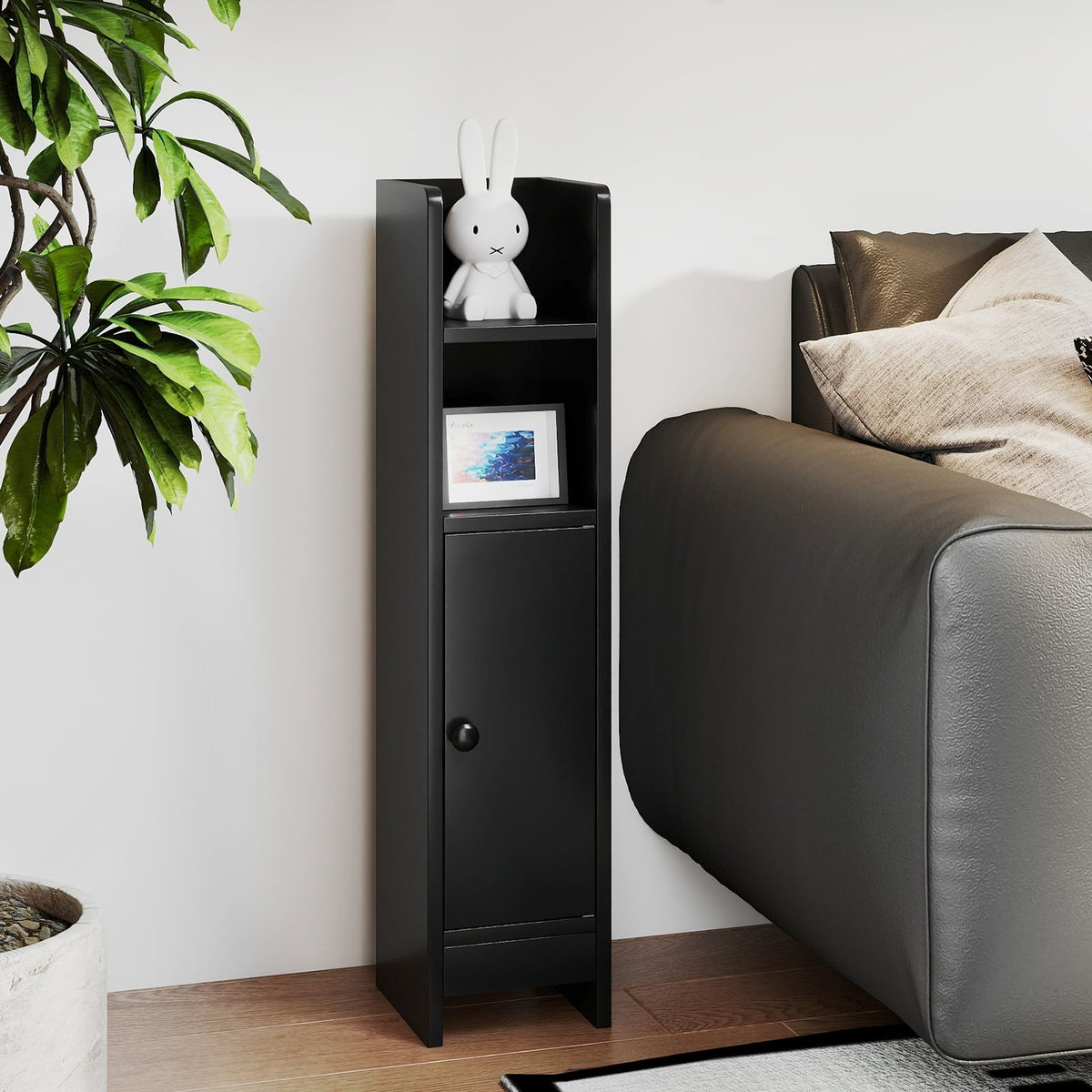 Slim Bathroom Corner Cabinet with Adjustable Shelf - Black-Bathroom Floor Cabinets-DECOROLALA
