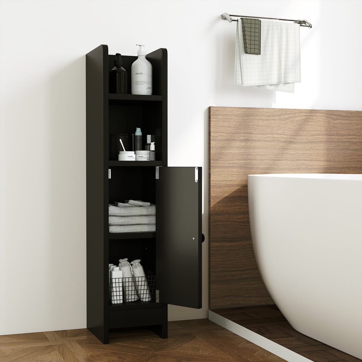 Slim Bathroom Corner Cabinet with Adjustable Shelf - Black-Floor Cabinets-DECOROLALA