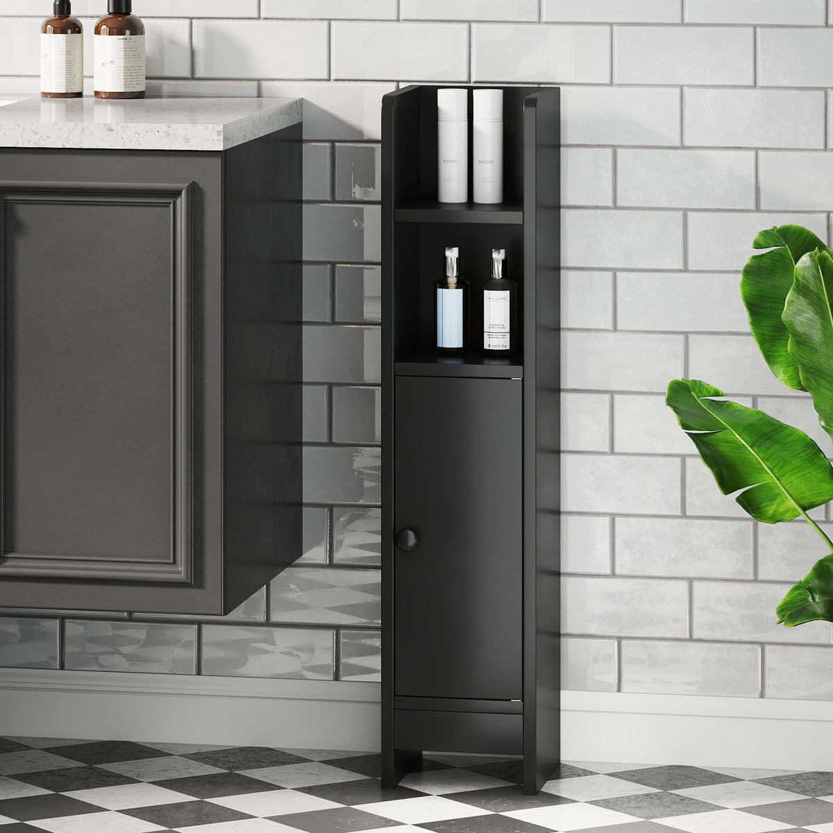Slim Bathroom Corner Cabinet with Adjustable Shelf - Black-Floor Cabinets-DECOROLALA