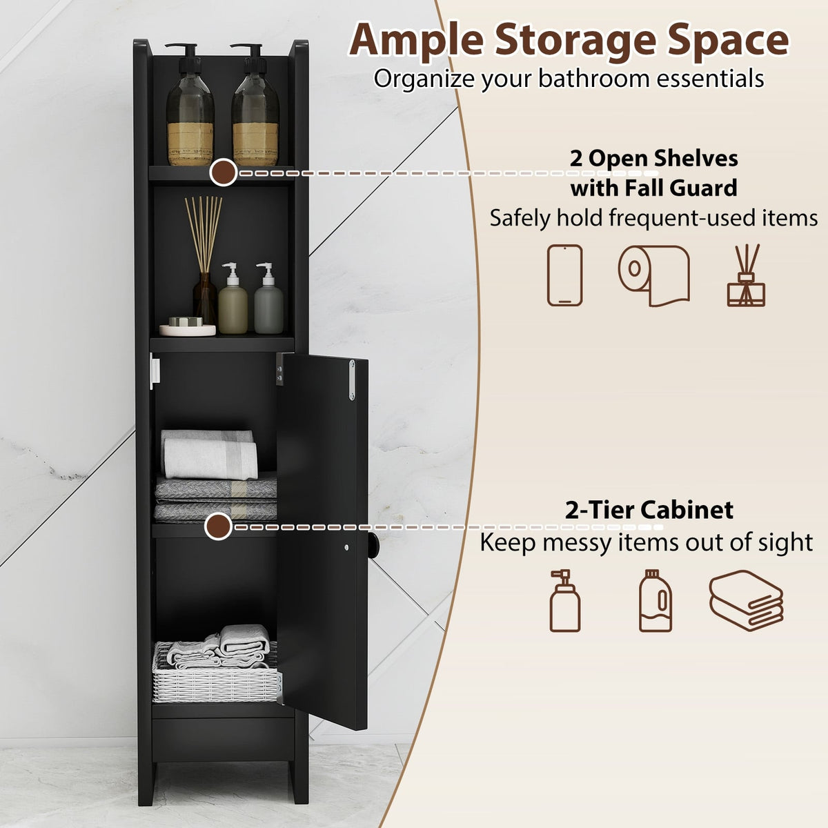 Slim Bathroom Corner Cabinet with Adjustable Shelf - Black-Floor Cabinets-DECOROLALA