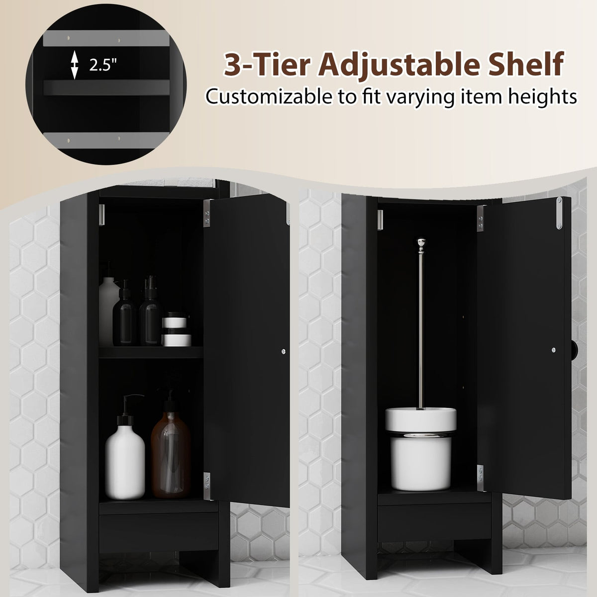 Slim Bathroom Corner Cabinet with Adjustable Shelf - Black-Floor Cabinets-DECOROLALA