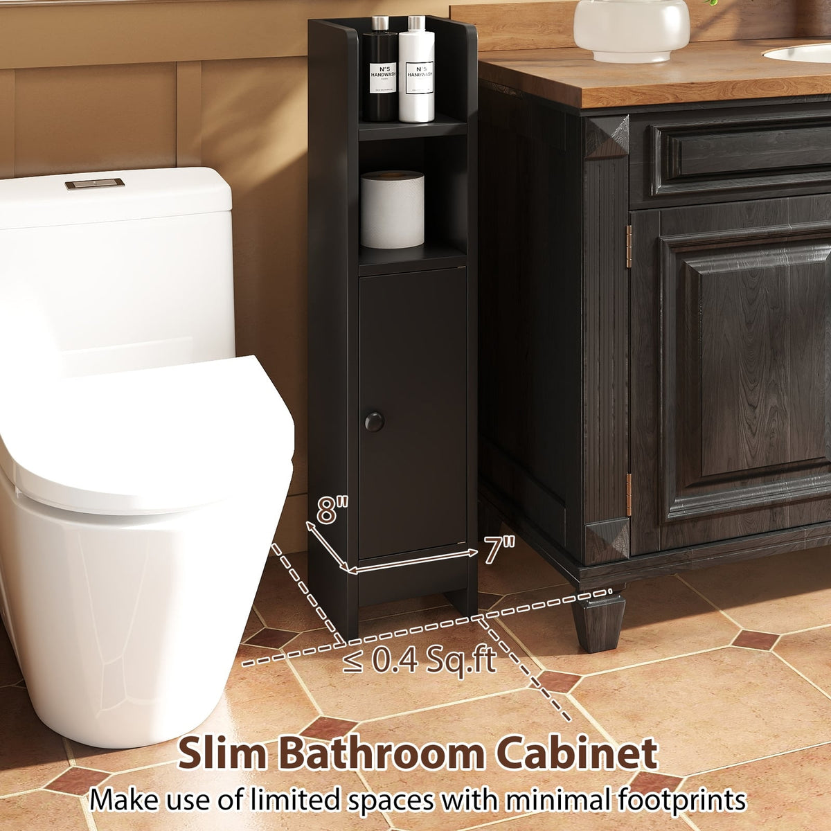 Slim Bathroom Corner Cabinet with Adjustable Shelf - Black-Floor Cabinets-DECOROLALA
