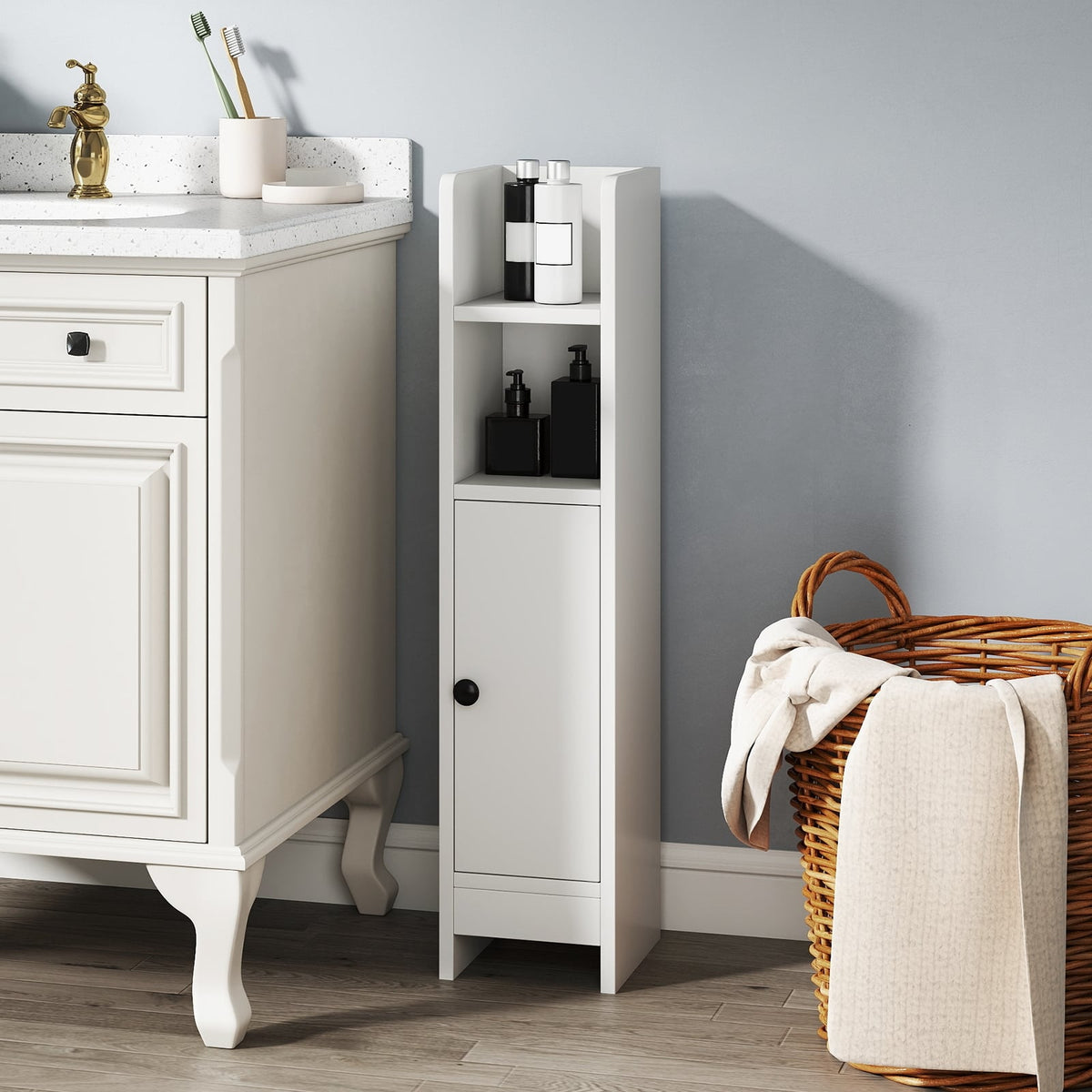 Slim Bathroom Corner Cabinet with Adjustable Shelf - White-Floor Cabinets-DECOROLALA