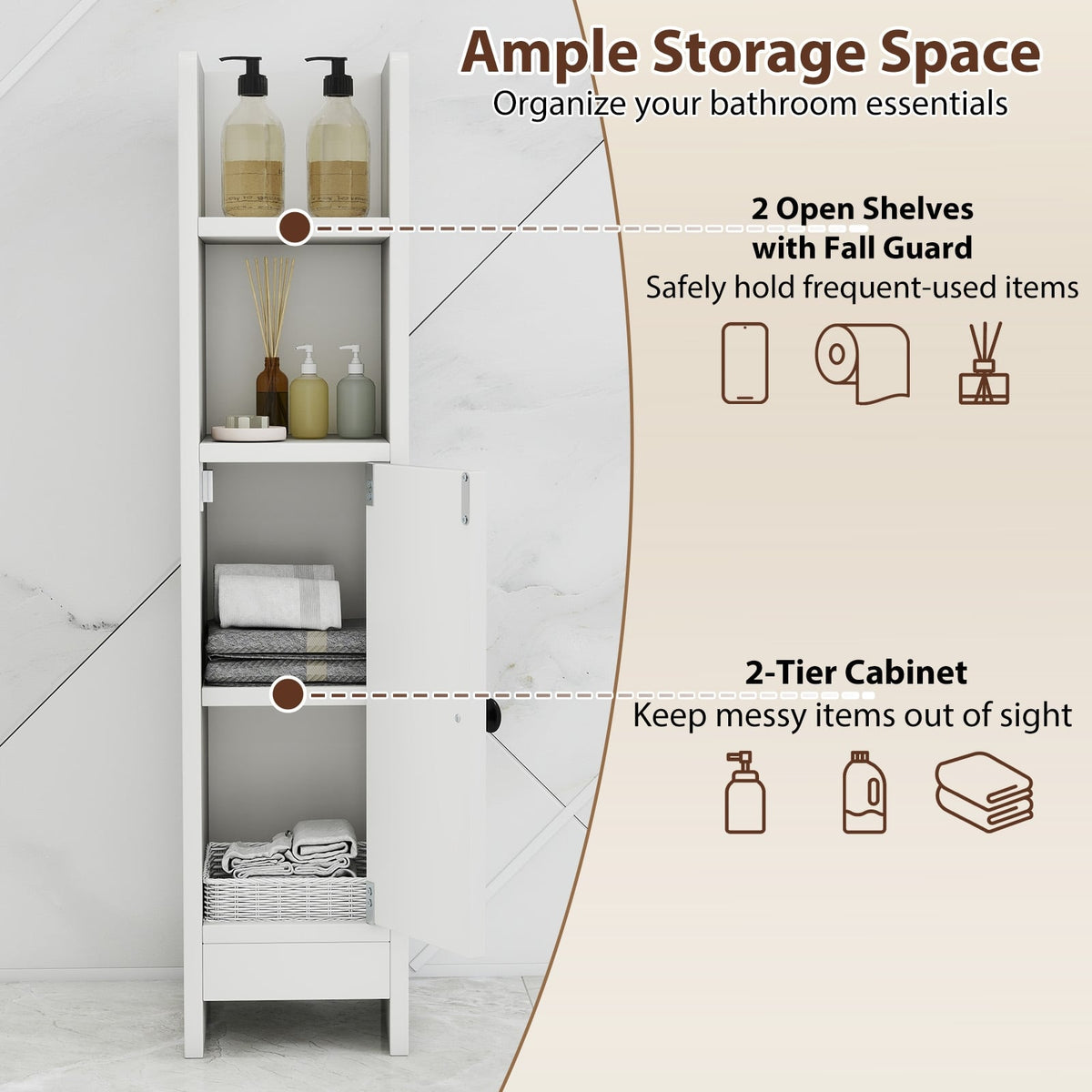 Slim Bathroom Corner Cabinet with Adjustable Shelf - White-Floor Cabinets-DECOROLALA