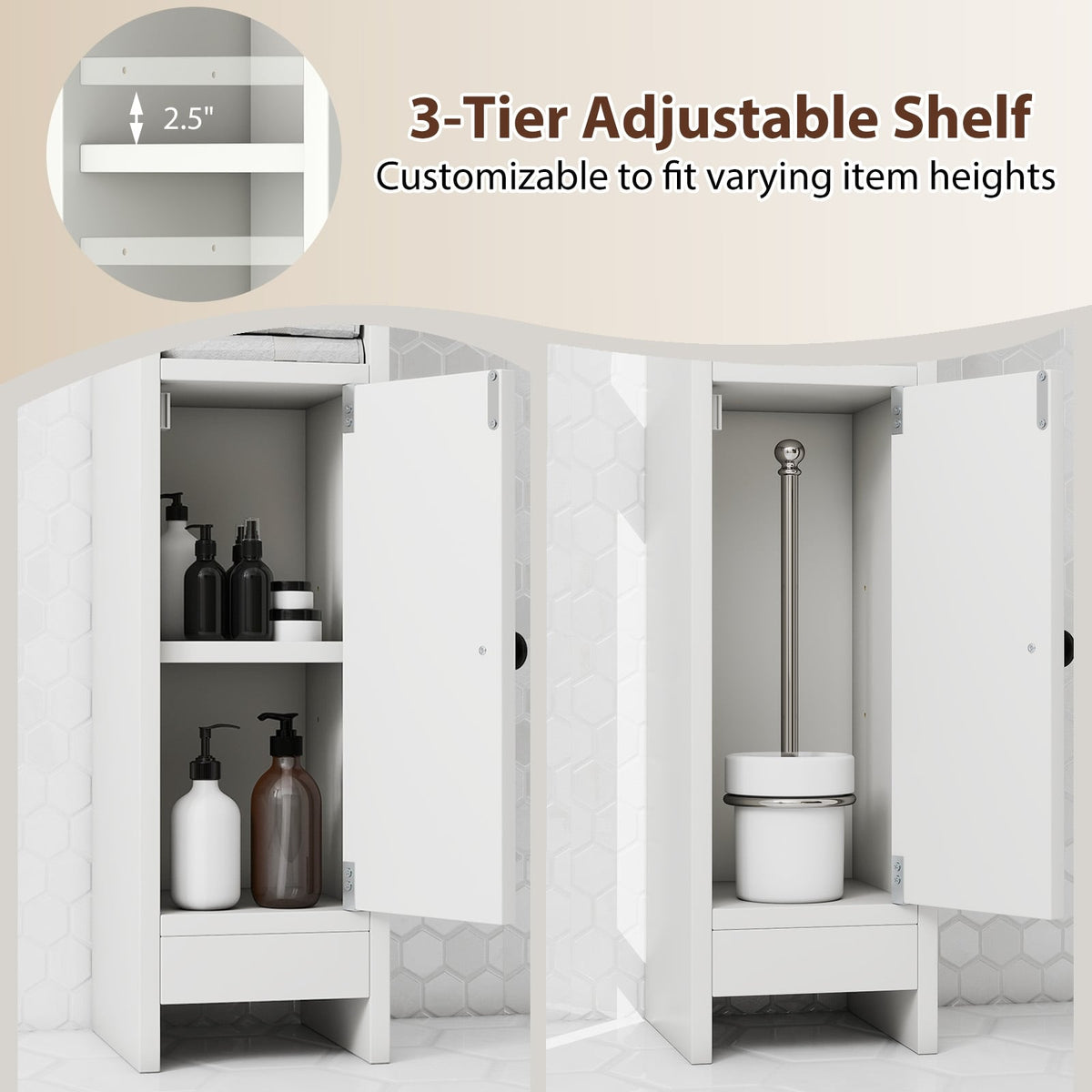 Slim Bathroom Corner Cabinet with Adjustable Shelf - White-Floor Cabinets-DECOROLALA
