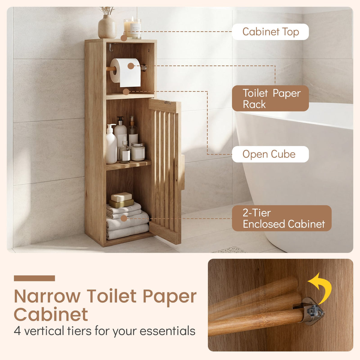 Slim Bathroom Storage Cabinet - Natural 30" Toilet Paper Stand-Floor Cabinets-DECOROLALA