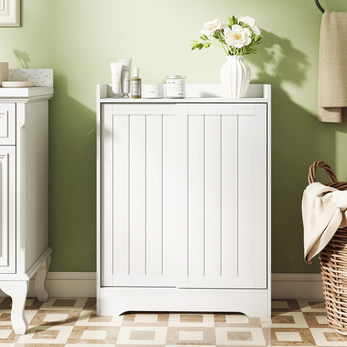Slim Bathroom Storage Cabinet - White 24" x 8" x 31.5" MDF-Floor Cabinets-DECOROLALA