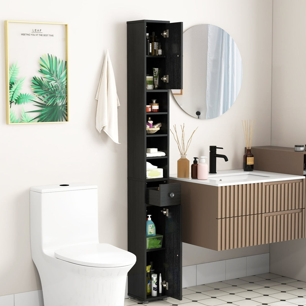 Slim Freestanding Bathroom Cabinet - 71" Tall Black Storage Tower-Floor Cabinets-DECOROLALA