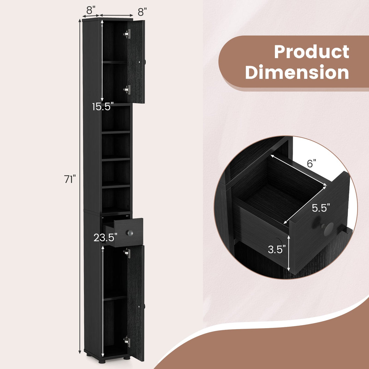 Slim Freestanding Bathroom Cabinet - 71" Tall Black Storage Tower-Floor Cabinets-DECOROLALA