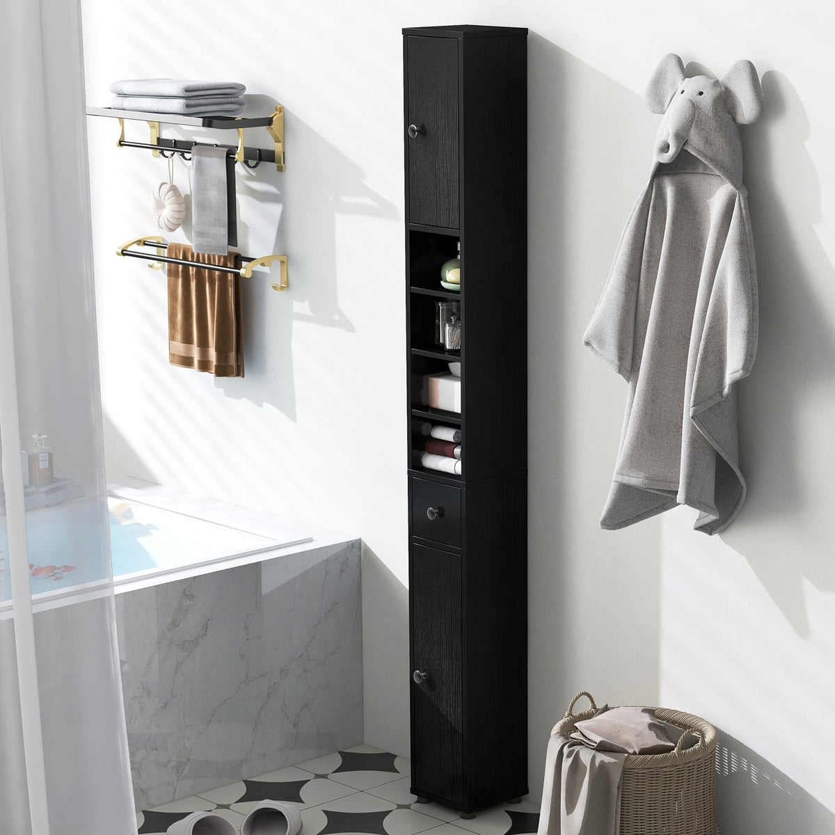 Slim Freestanding Bathroom Cabinet - 71" Tall Black Storage Tower-Floor Cabinets-DECOROLALA