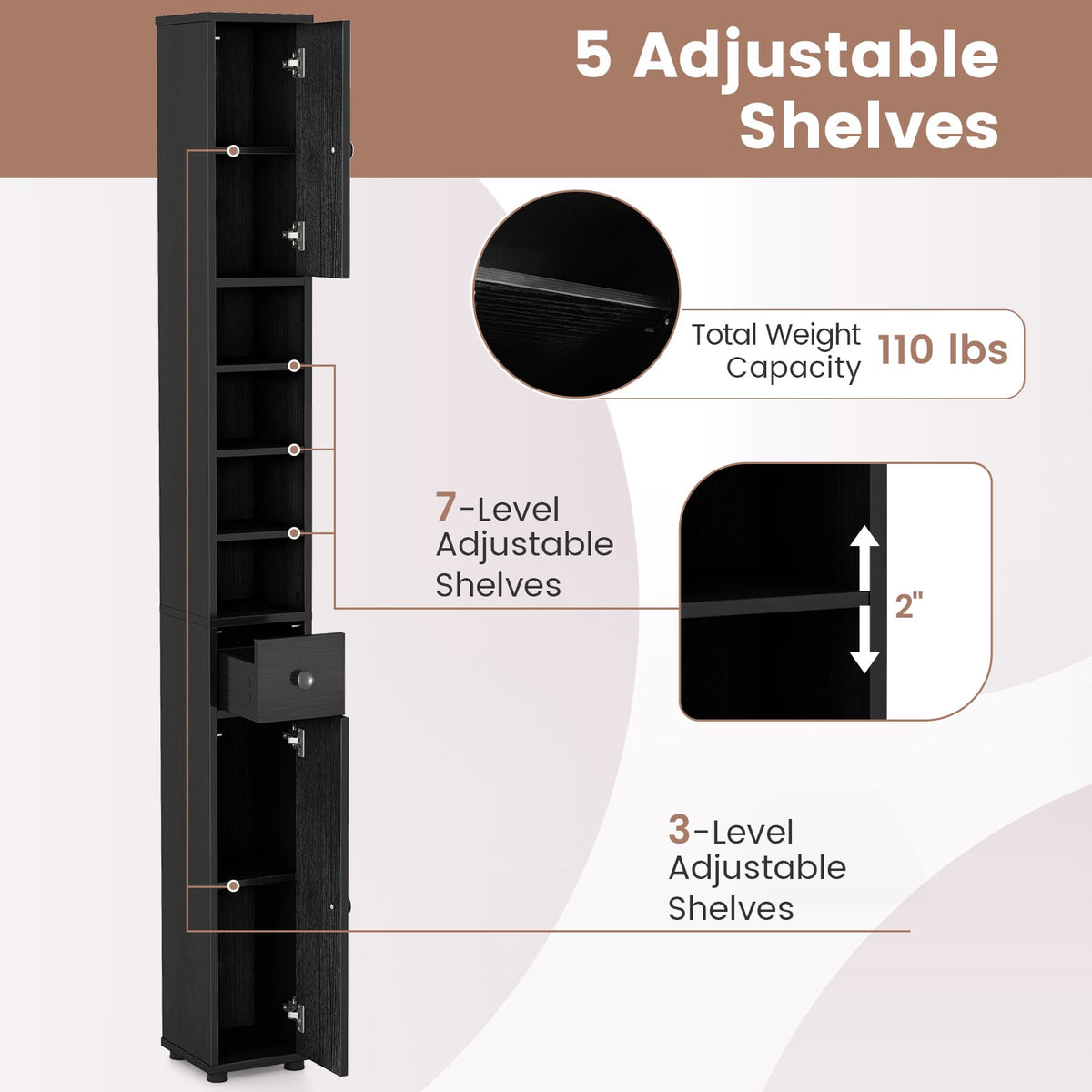 Slim Freestanding Bathroom Cabinet - 71" Tall Black Storage Tower-Floor Cabinets-DECOROLALA