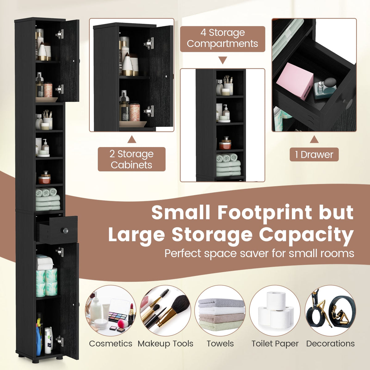 Slim Freestanding Bathroom Cabinet - 71" Tall Black Storage Tower-Floor Cabinets-DECOROLALA