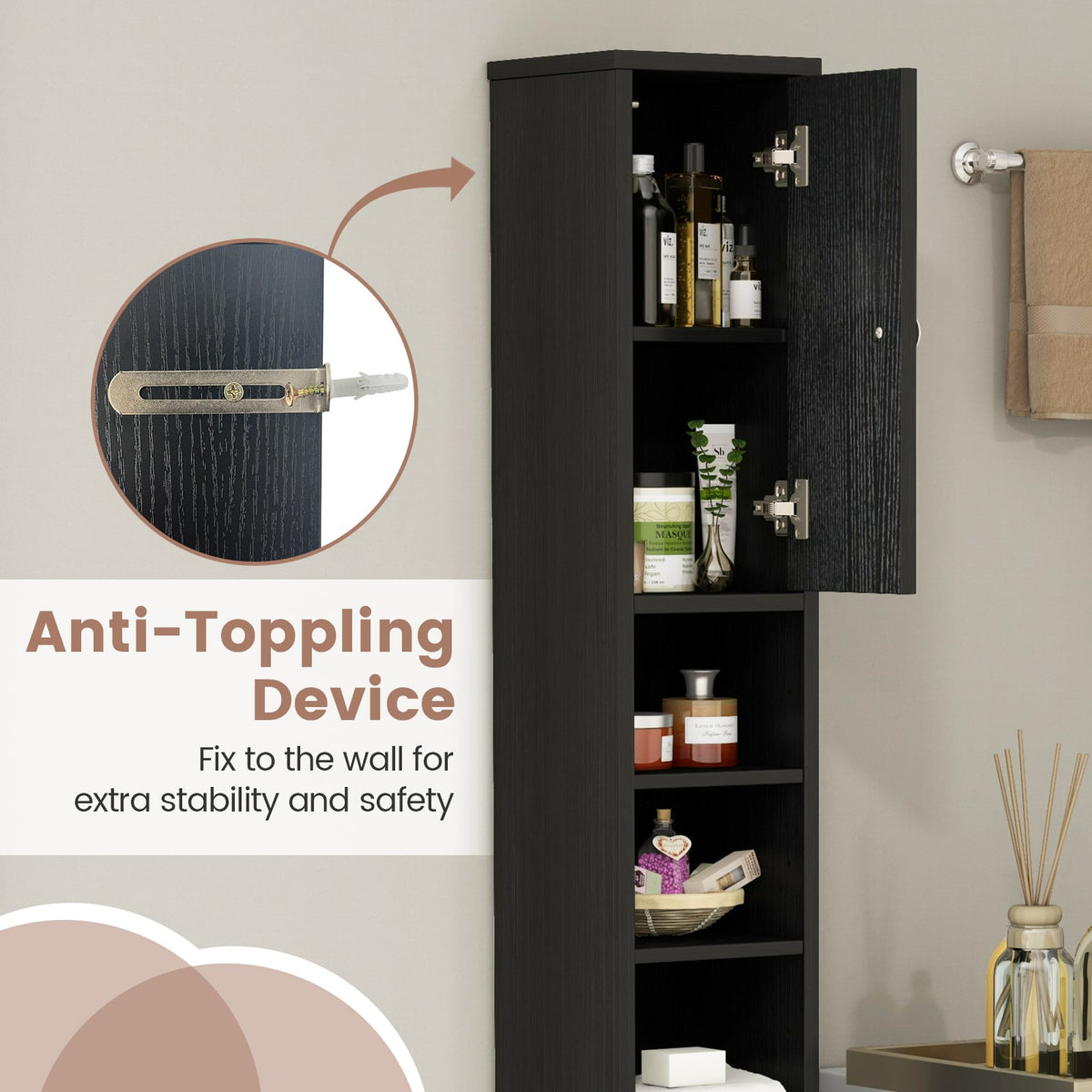 Slim Freestanding Bathroom Cabinet - 71" Tall Black Storage Tower-Floor Cabinets-DECOROLALA