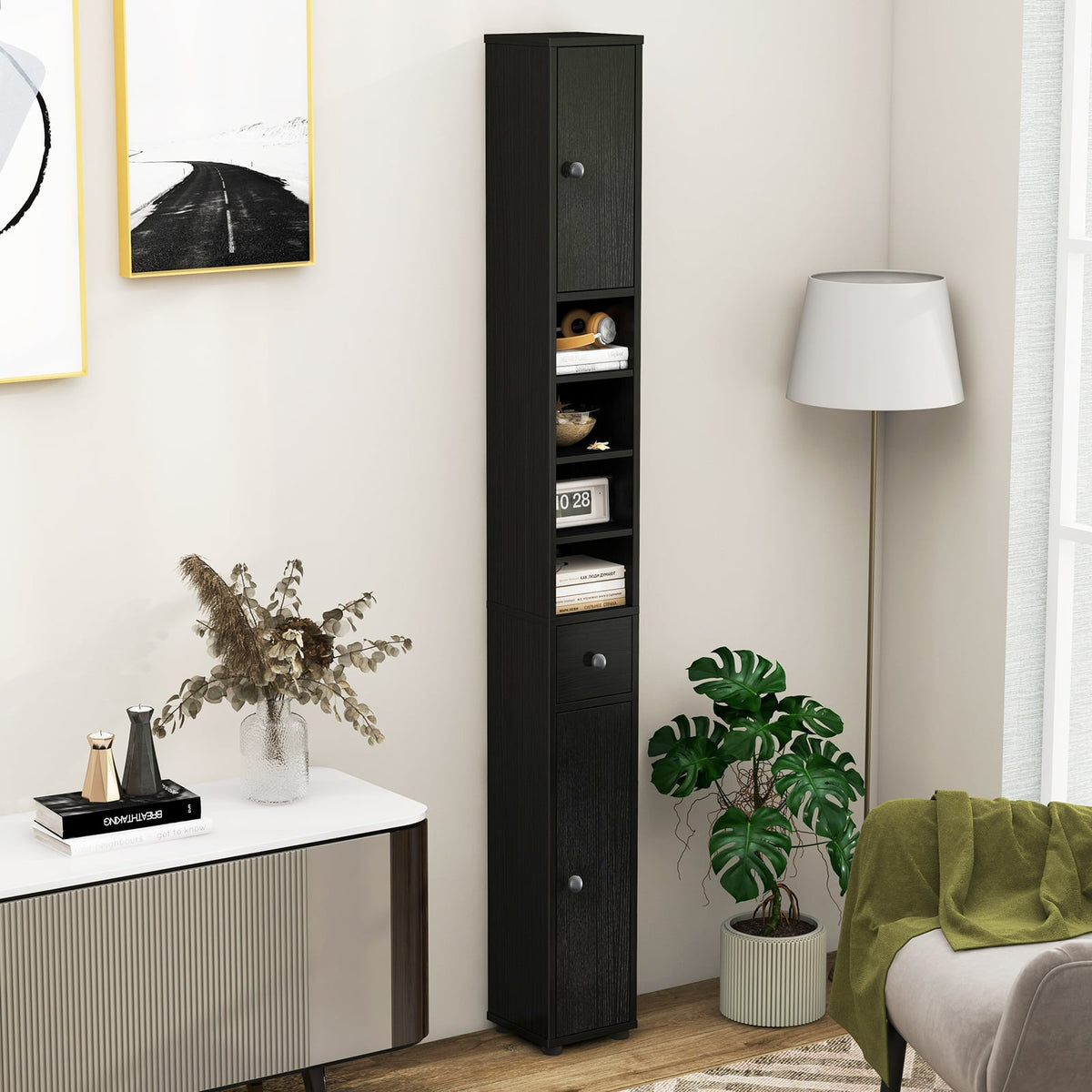 Slim Freestanding Bathroom Cabinet - 71" Tall Black Storage Tower-Floor Cabinets-DECOROLALA
