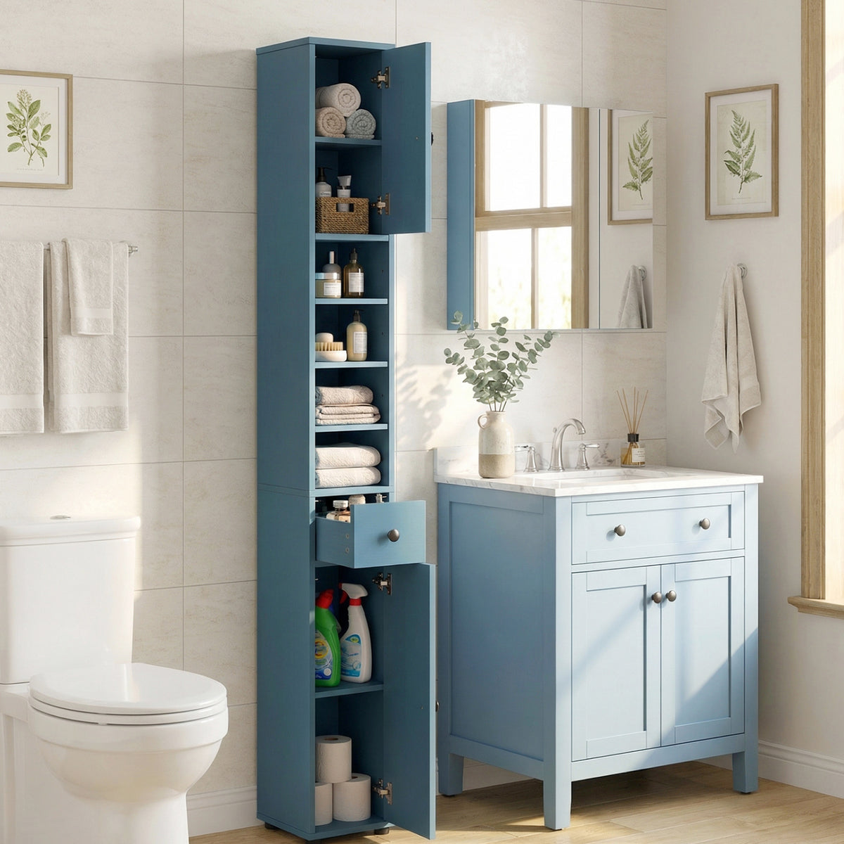 Slim Freestanding Bathroom Cabinet - 71" Tall Blue Storage Tower-Floor Cabinets-DECOROLALA