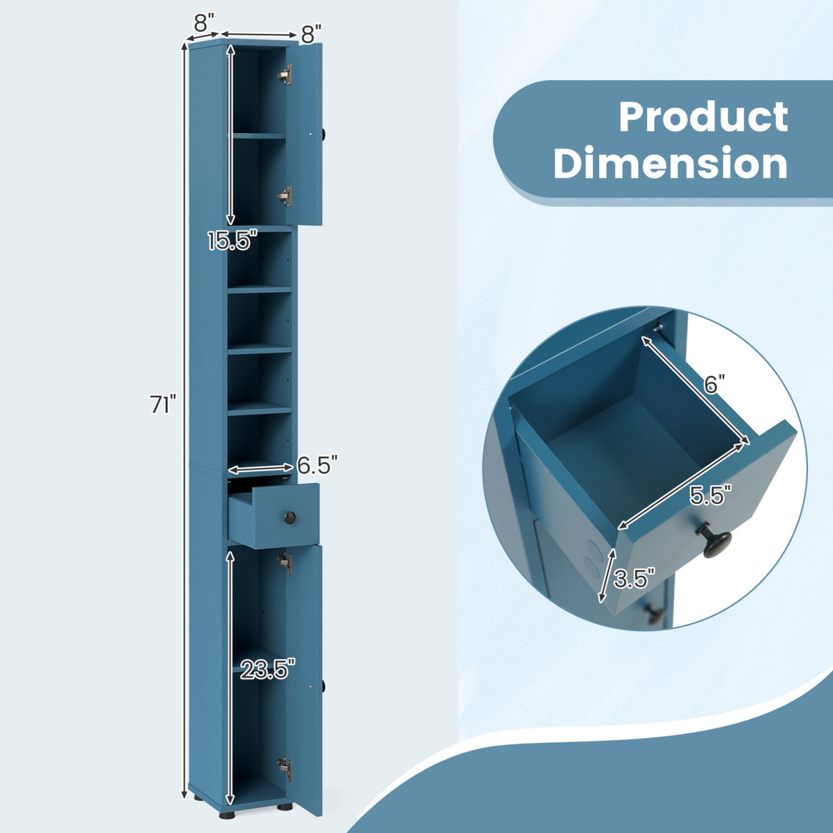 Slim Freestanding Bathroom Cabinet - 71" Tall Blue Storage Tower-Floor Cabinets-DECOROLALA