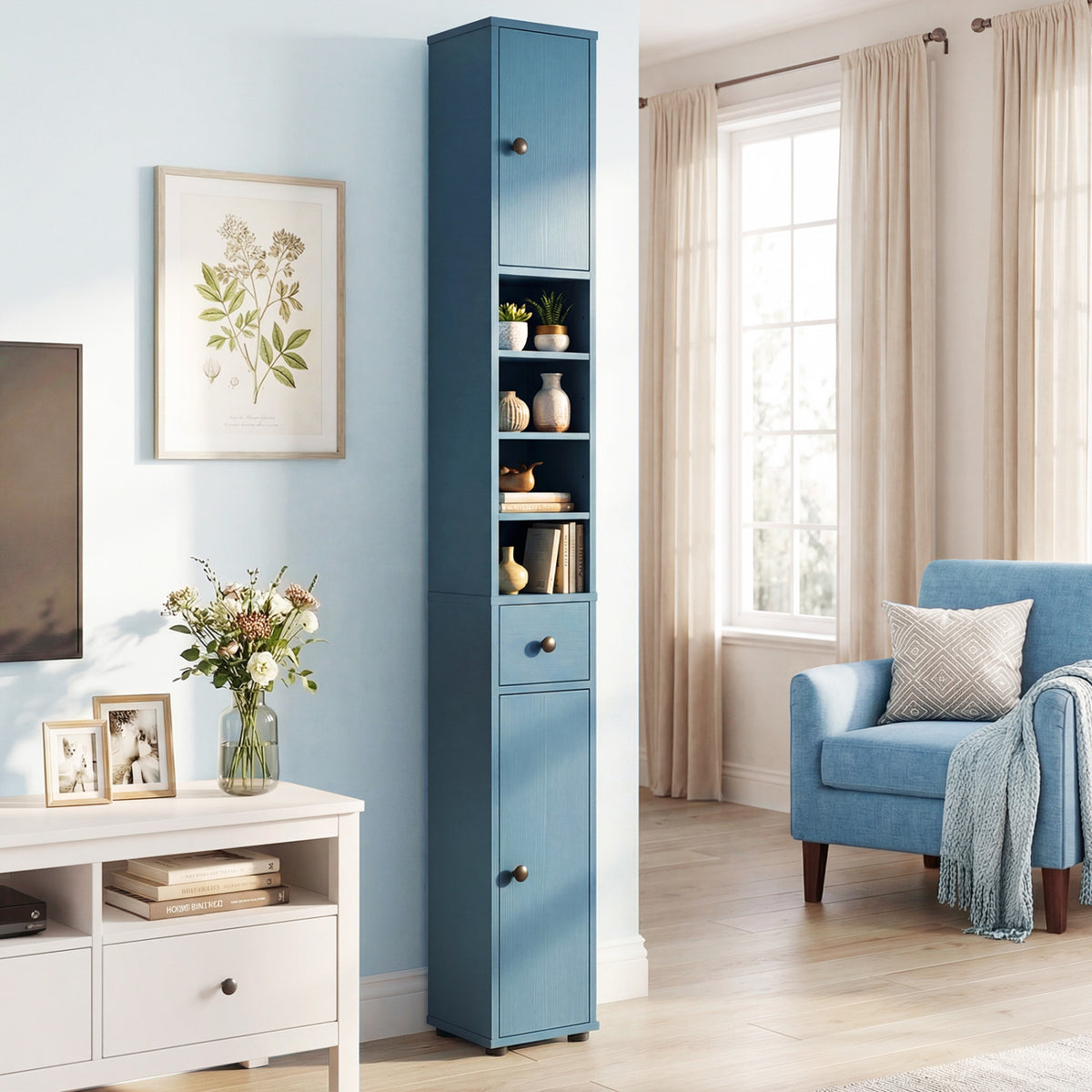 Slim Freestanding Bathroom Cabinet - 71" Tall Blue Storage Tower-Floor Cabinets-DECOROLALA