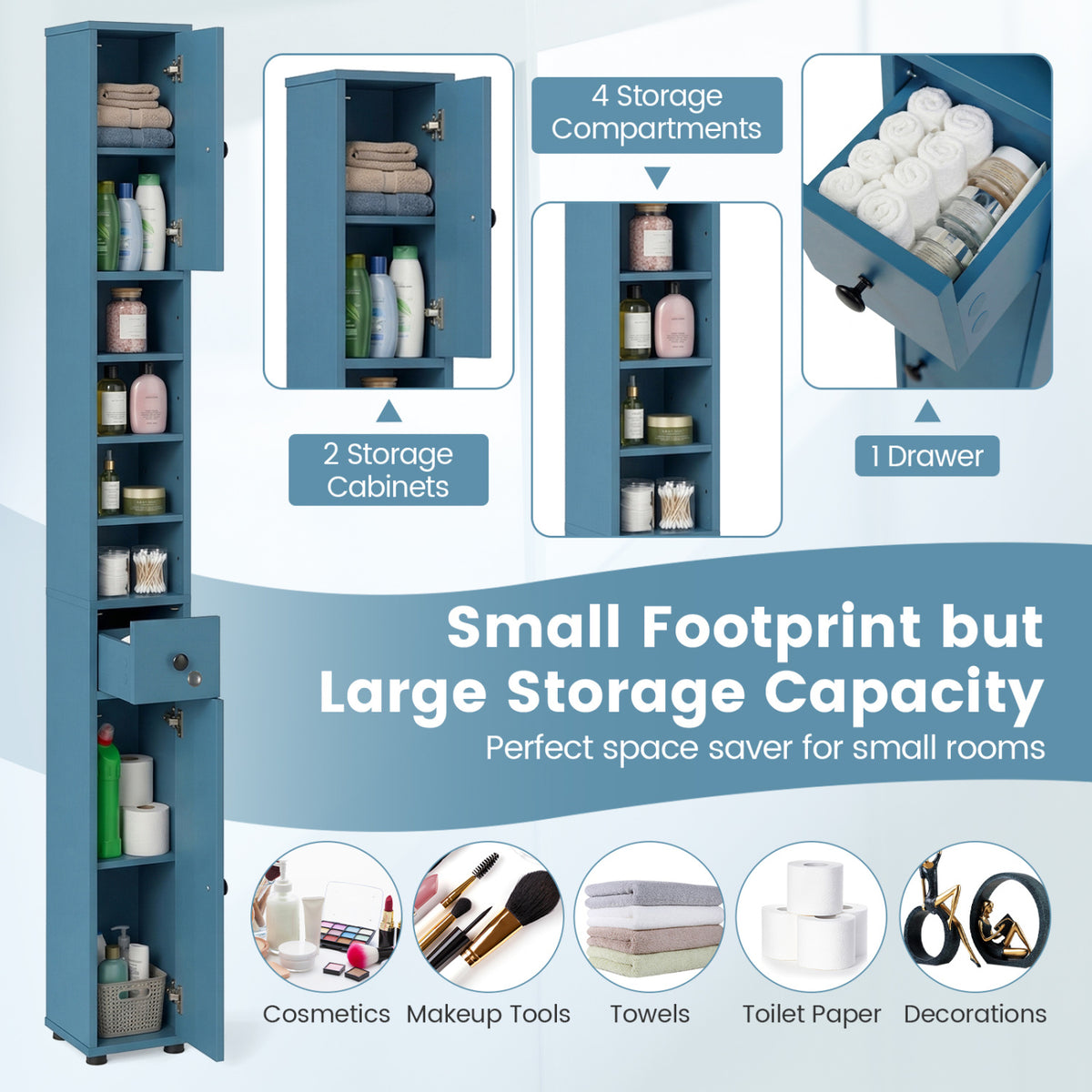 Slim Freestanding Bathroom Cabinet - 71" Tall Blue Storage Tower-Floor Cabinets-DECOROLALA