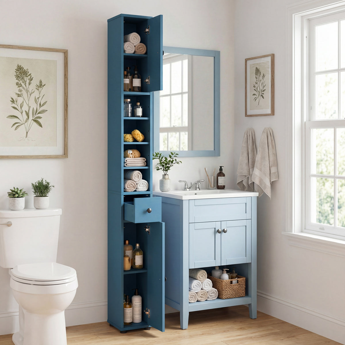 Slim Freestanding Bathroom Cabinet - 71" Tall Blue Storage Tower-Floor Cabinets-DECOROLALA