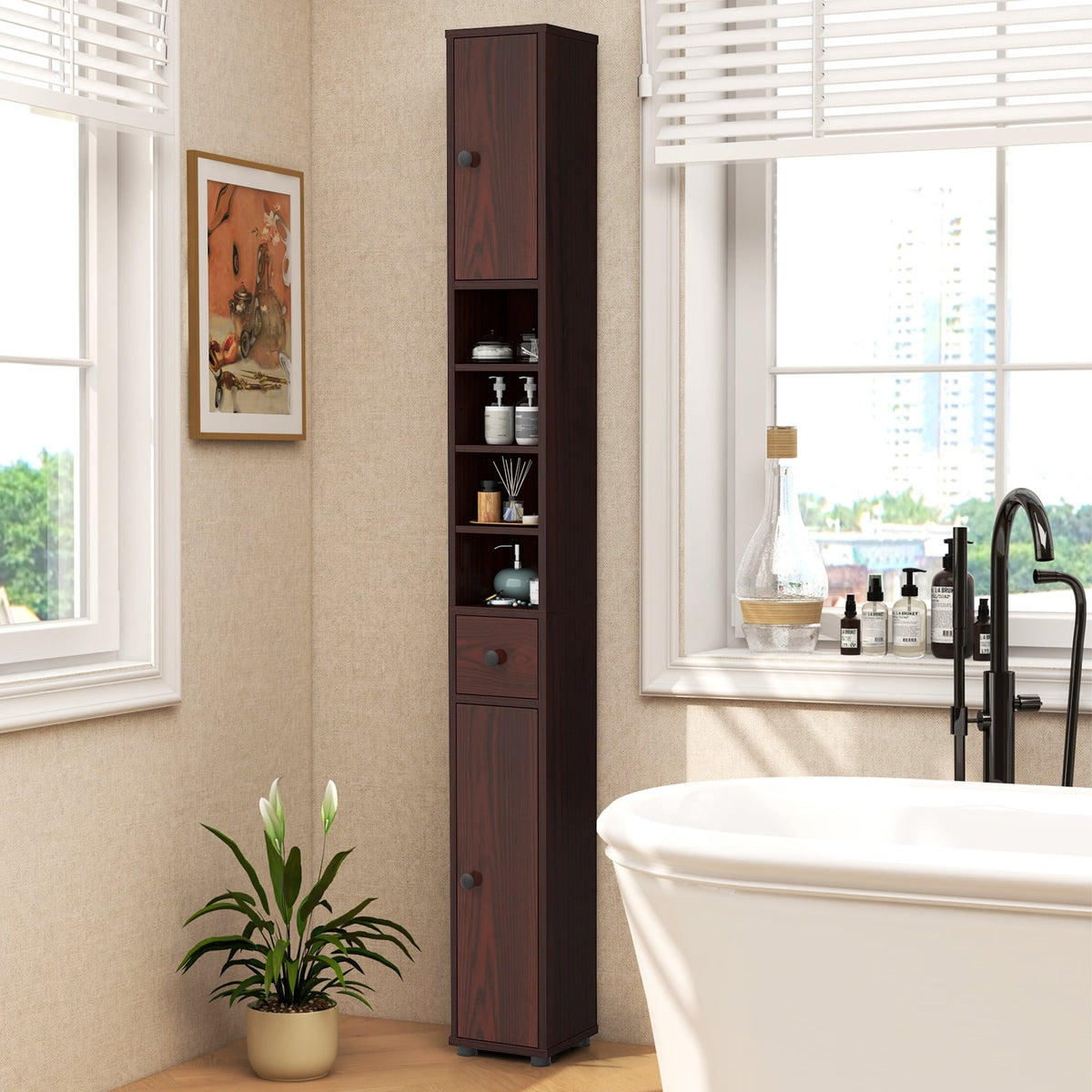 Slim Freestanding Bathroom Cabinet - 71" Tall Brown MDF-Floor Cabinets-DECOROLALA