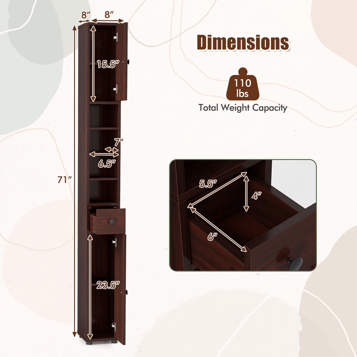 Slim Freestanding Bathroom Cabinet - 71" Tall Brown MDF-Floor Cabinets-DECOROLALA