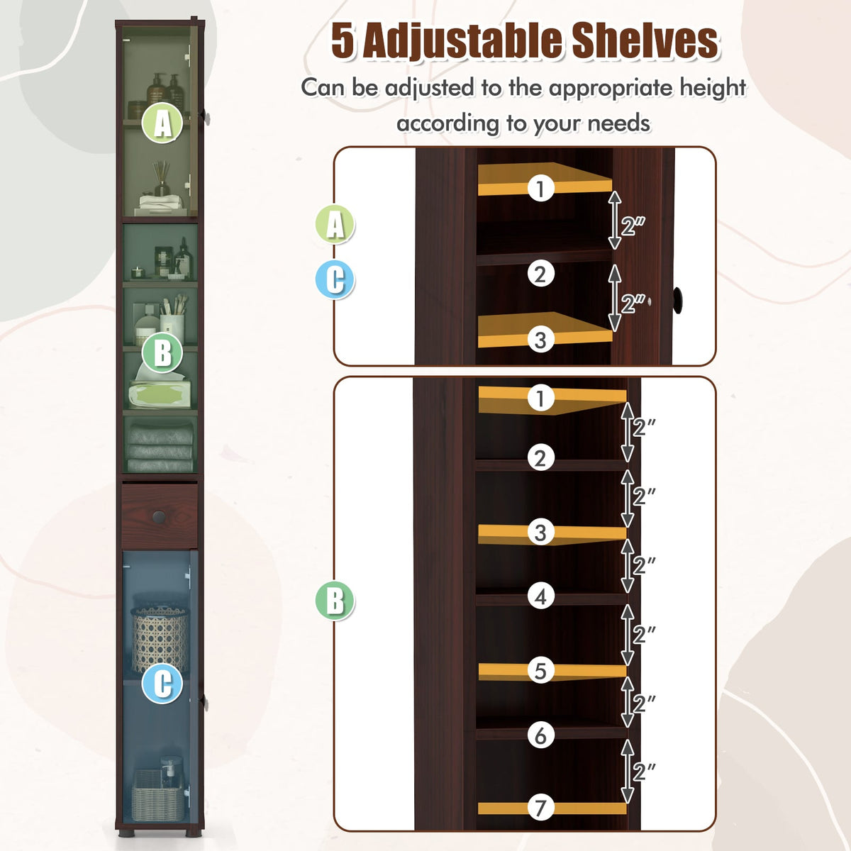 Slim Freestanding Bathroom Cabinet - 71" Tall Brown MDF-Floor Cabinets-DECOROLALA