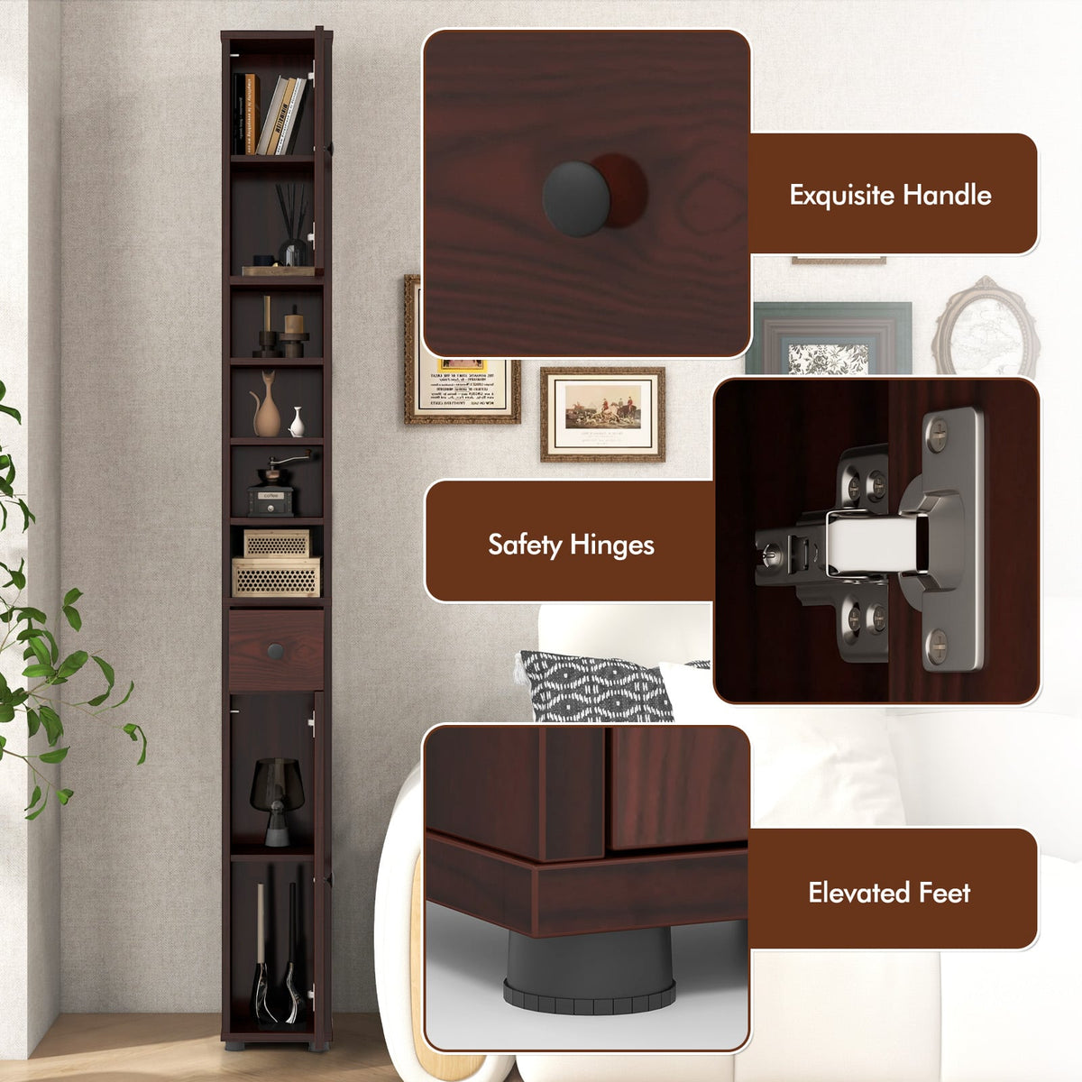 Slim Freestanding Bathroom Cabinet - 71" Tall Brown MDF-Floor Cabinets-DECOROLALA