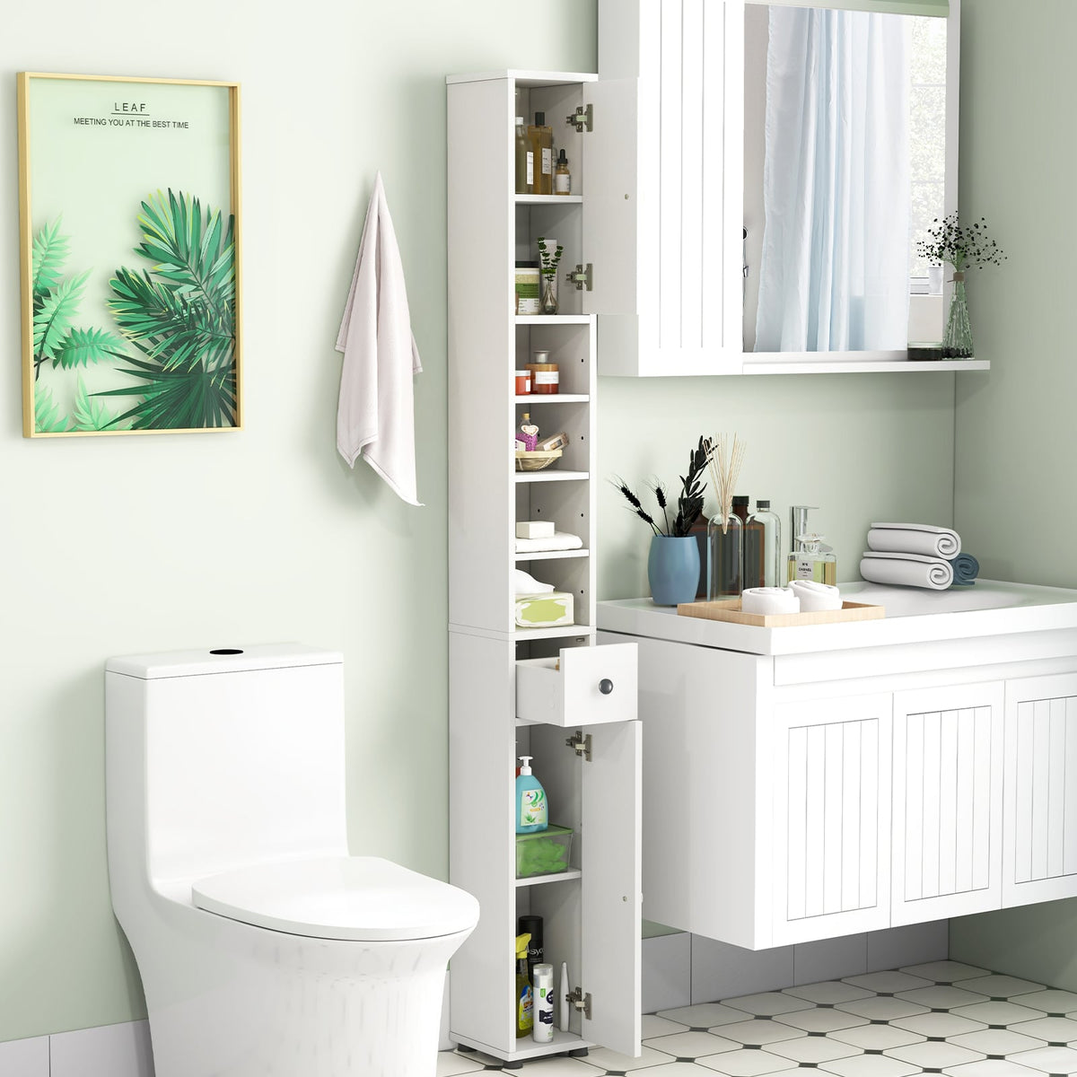 Slim Freestanding Bathroom Cabinet - 8" x 8" x 71" White MDF-Floor Cabinets-DECOROLALA