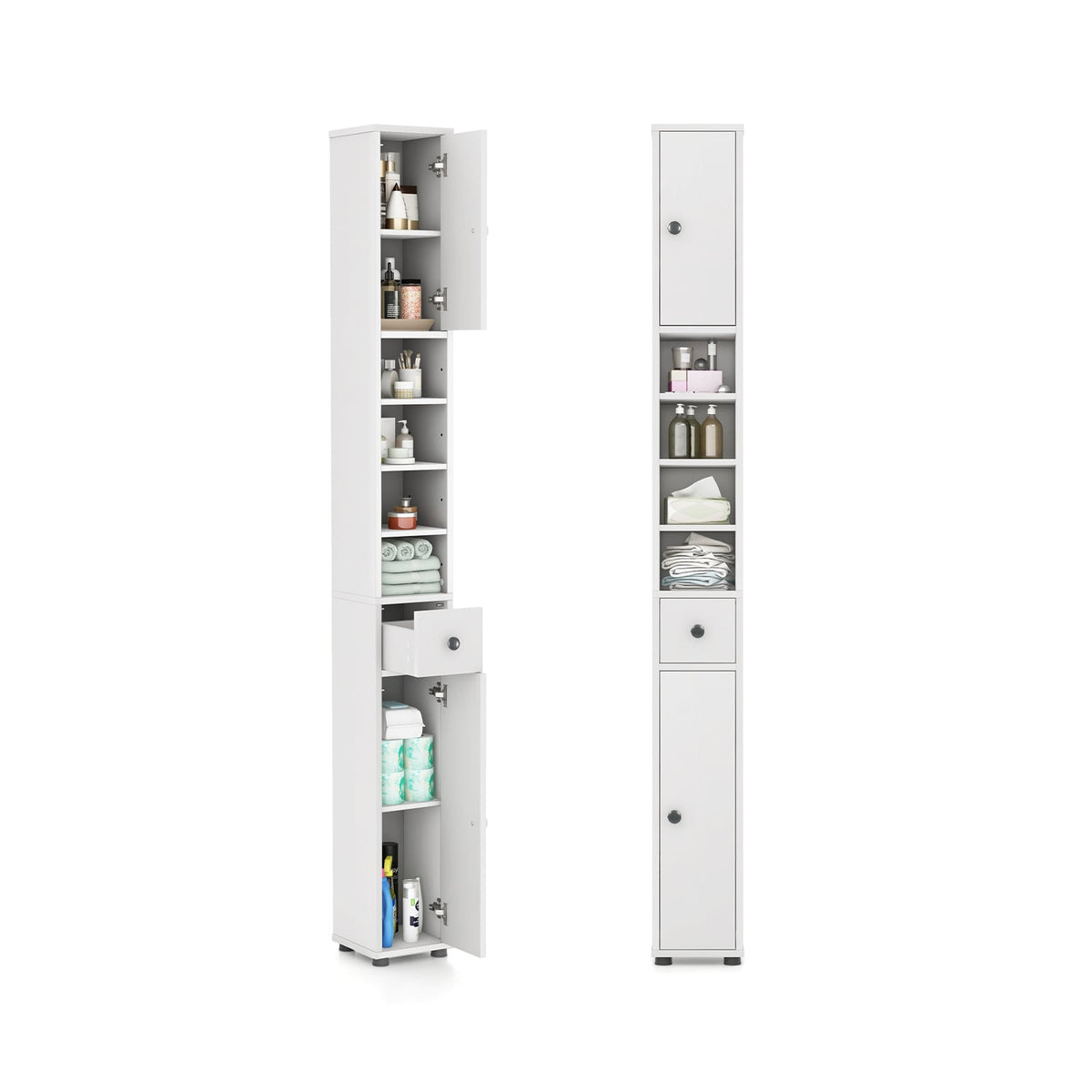 Slim Freestanding Bathroom Cabinet - 8" x 8" x 71" White MDF-Floor Cabinets-DECOROLALA