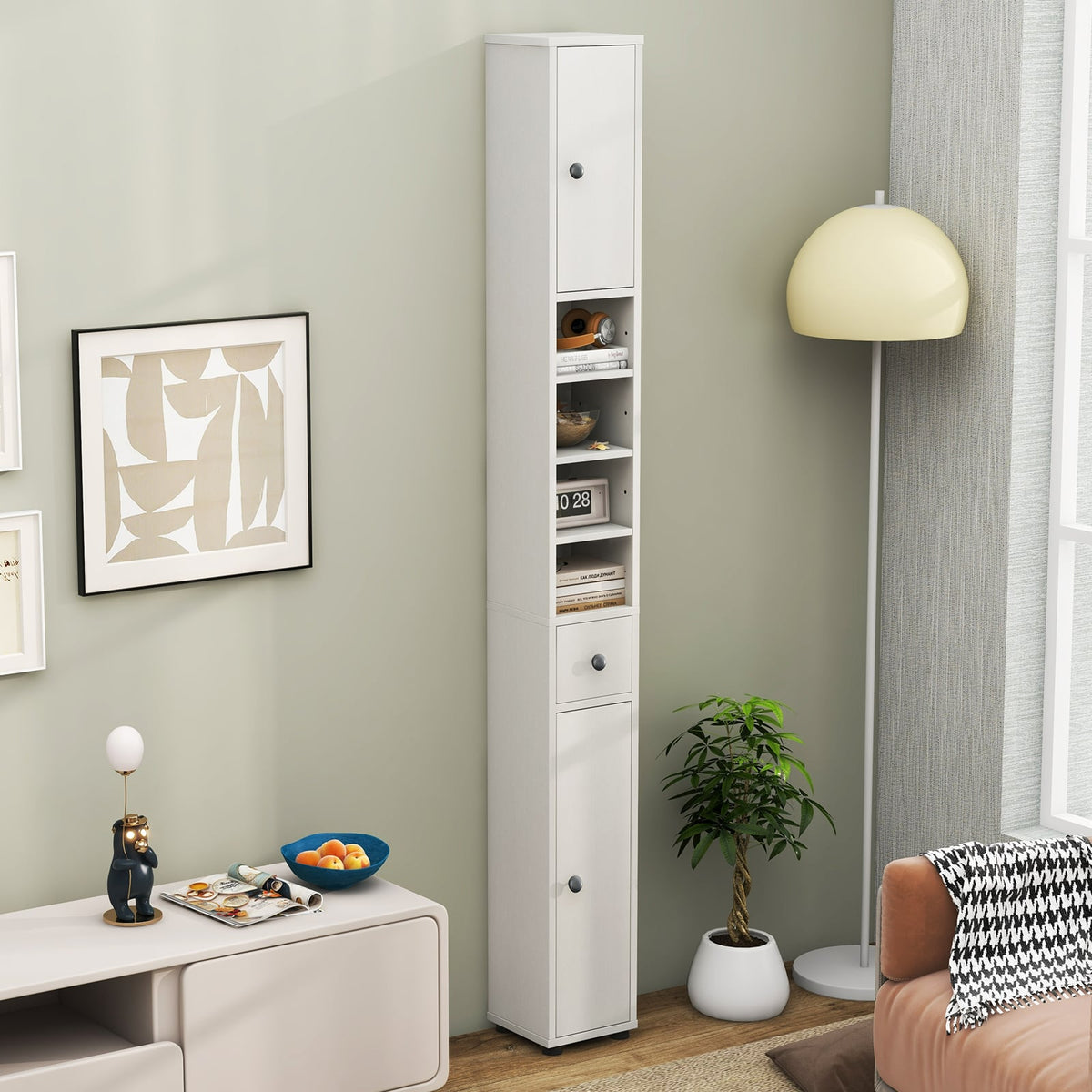 Slim Freestanding Bathroom Cabinet - 8" x 8" x 71" White MDF-Floor Cabinets-DECOROLALA