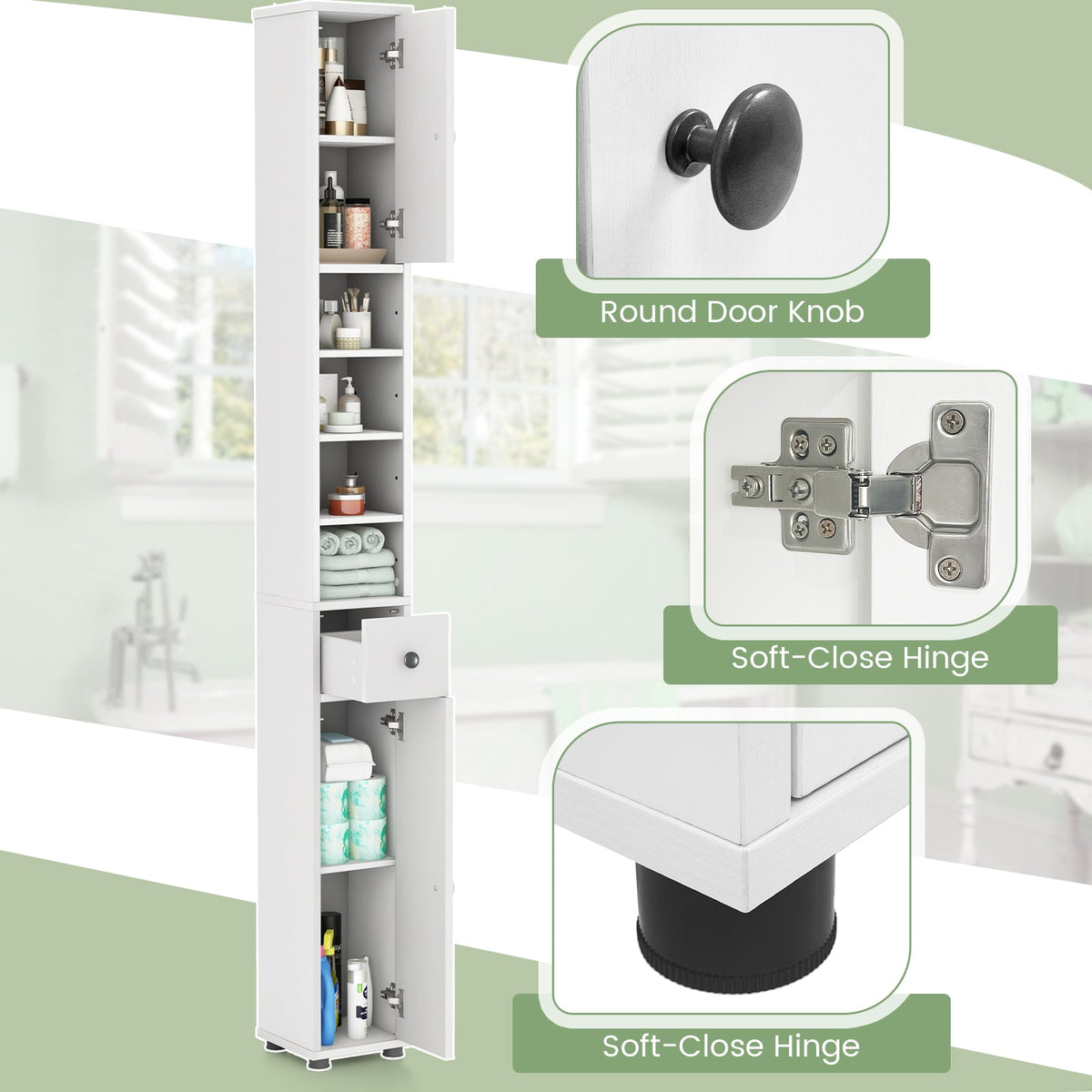 Slim Freestanding Bathroom Cabinet - 8" x 8" x 71" White MDF-Floor Cabinets-DECOROLALA
