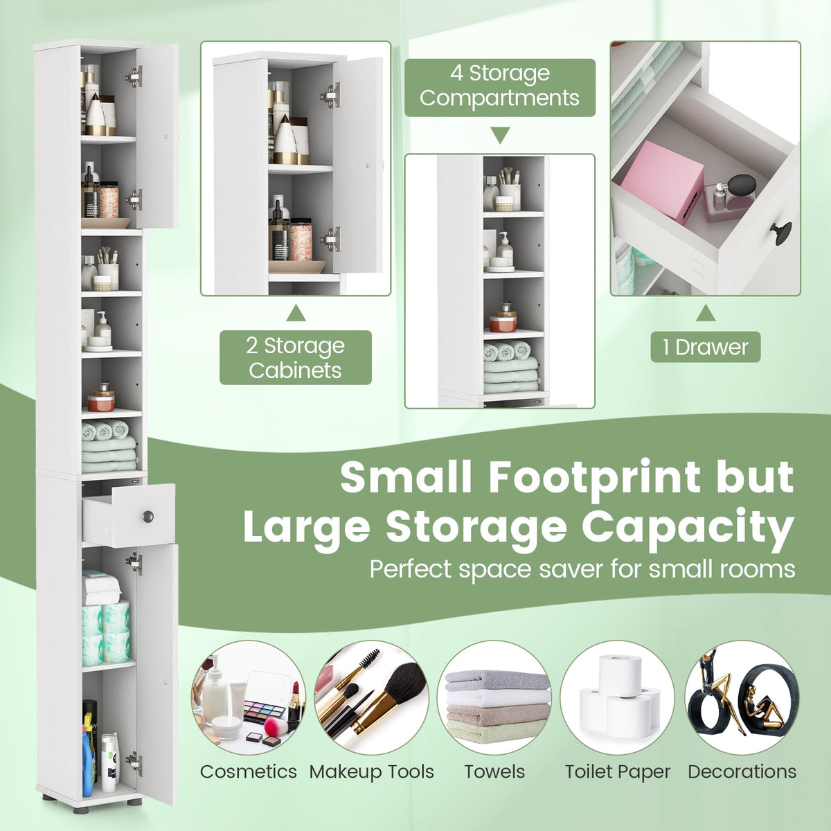 Slim Freestanding Bathroom Cabinet - 8" x 8" x 71" White MDF-Floor Cabinets-DECOROLALA