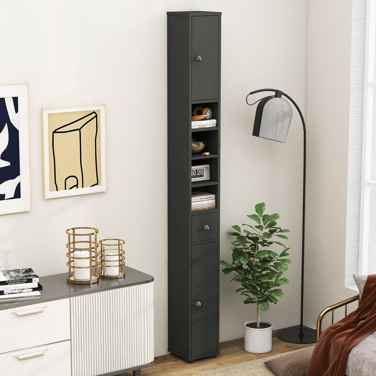 Slim Freestanding Bathroom Cabinet - Gray 8"x8"x71" MDF-Bathroom Floor Cabinets-DECOROLALA