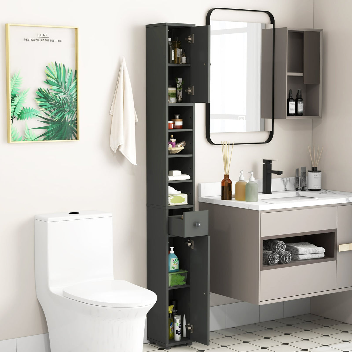 Slim Freestanding Bathroom Cabinet - Gray 8"x8"x71" MDF-Floor Cabinets-DECOROLALA