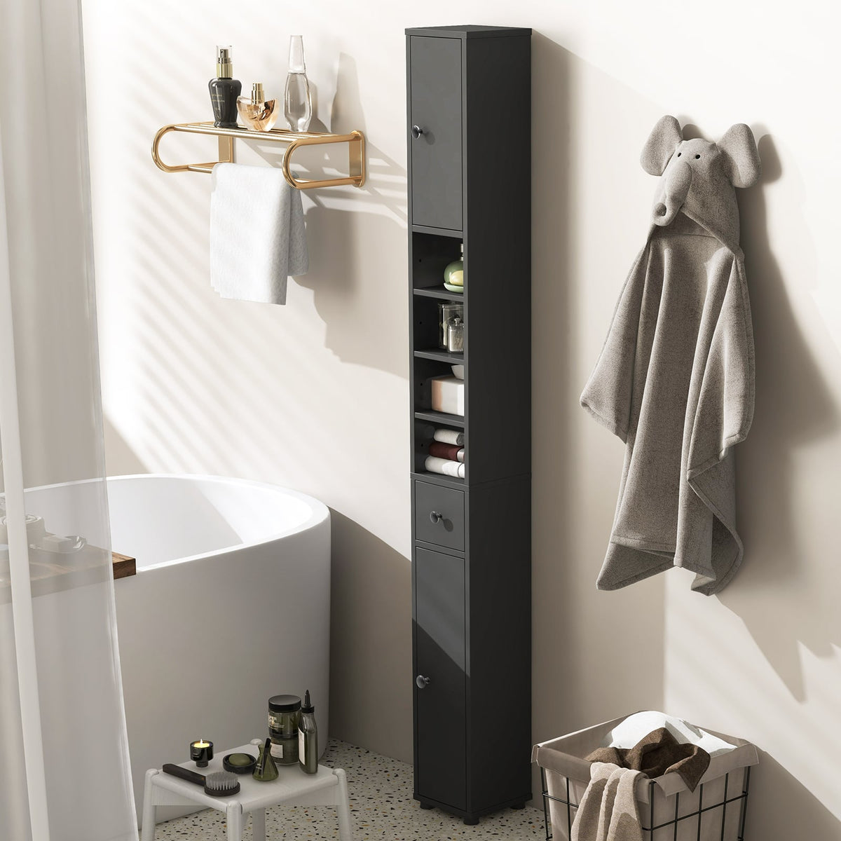 Slim Freestanding Bathroom Cabinet - Gray 8"x8"x71" MDF-Floor Cabinets-DECOROLALA