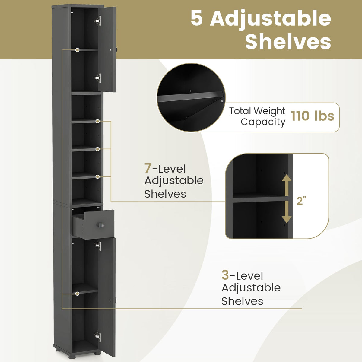 Slim Freestanding Bathroom Cabinet - Gray 8"x8"x71" MDF-Floor Cabinets-DECOROLALA
