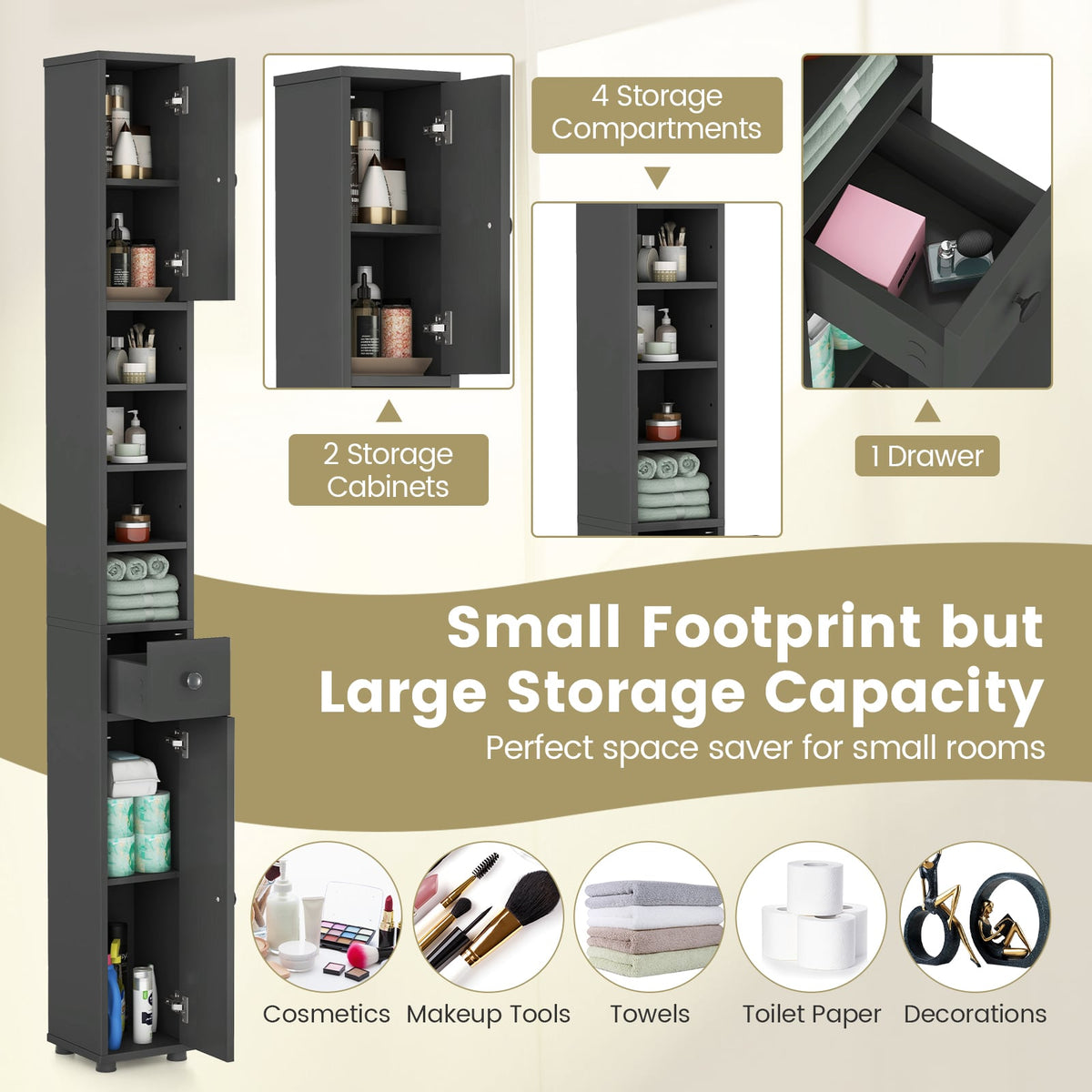 Slim Freestanding Bathroom Cabinet - Gray 8"x8"x71" MDF-Floor Cabinets-DECOROLALA
