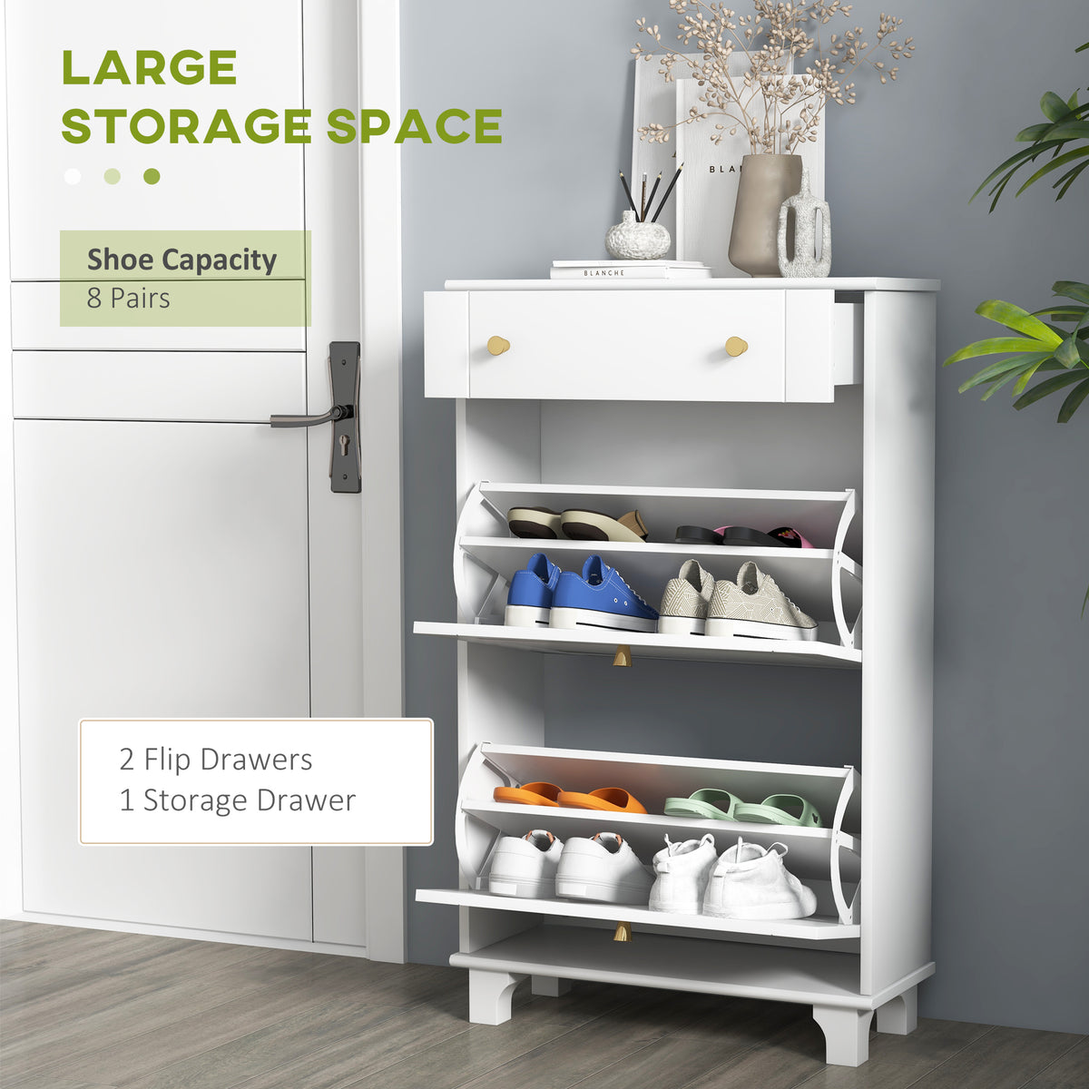 Slim Shoe Cabinet - 2 Flip Drawers 8 Pairs White-Home Furnishings > Storage & Organization > Shoe Storage Cabinets & Racks-DECOROLALA