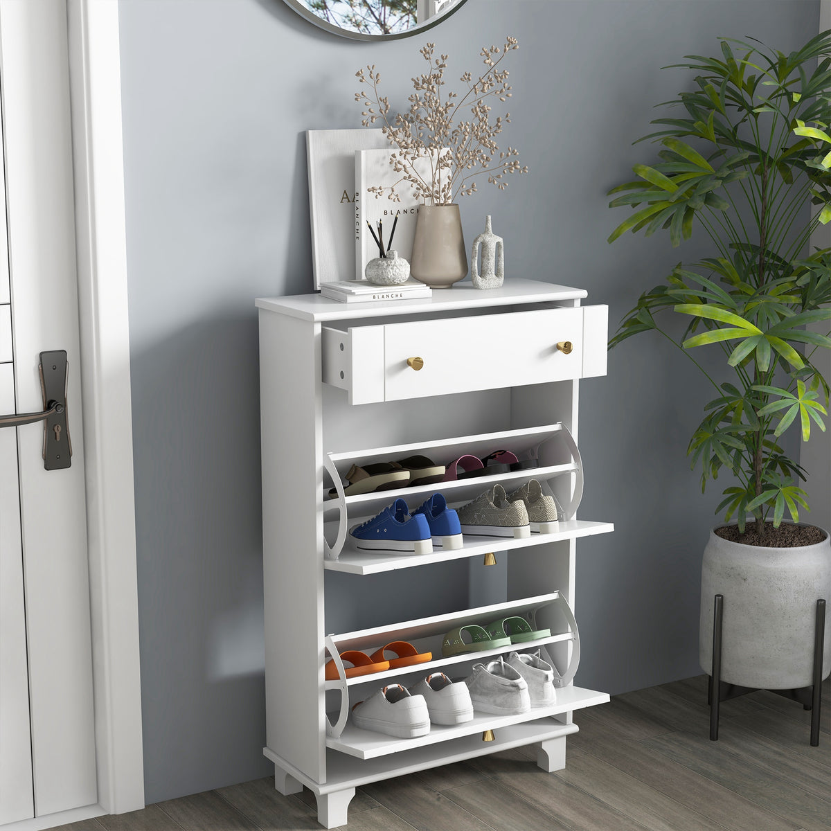 Slim Shoe Cabinet - 2 Flip Drawers 8 Pairs White-Home Furnishings > Storage & Organization > Shoe Storage Cabinets & Racks-DECOROLALA
