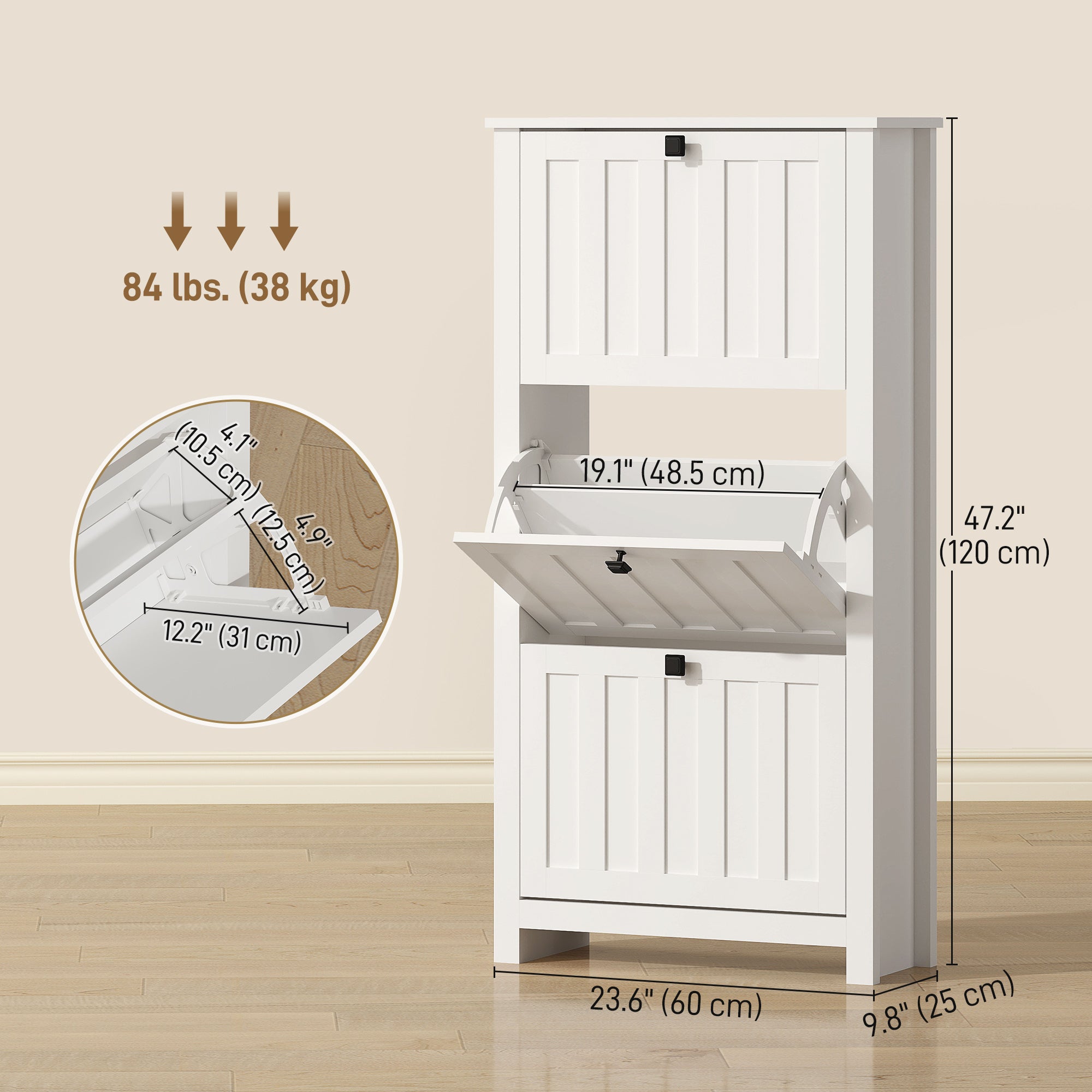 Slim Shoe Cabinet - 3 Flip Drawers, 12-Pair White-Home Furnishings > Storage & Organization > Shoe Storage Cabinets & Racks-DECOROLALA