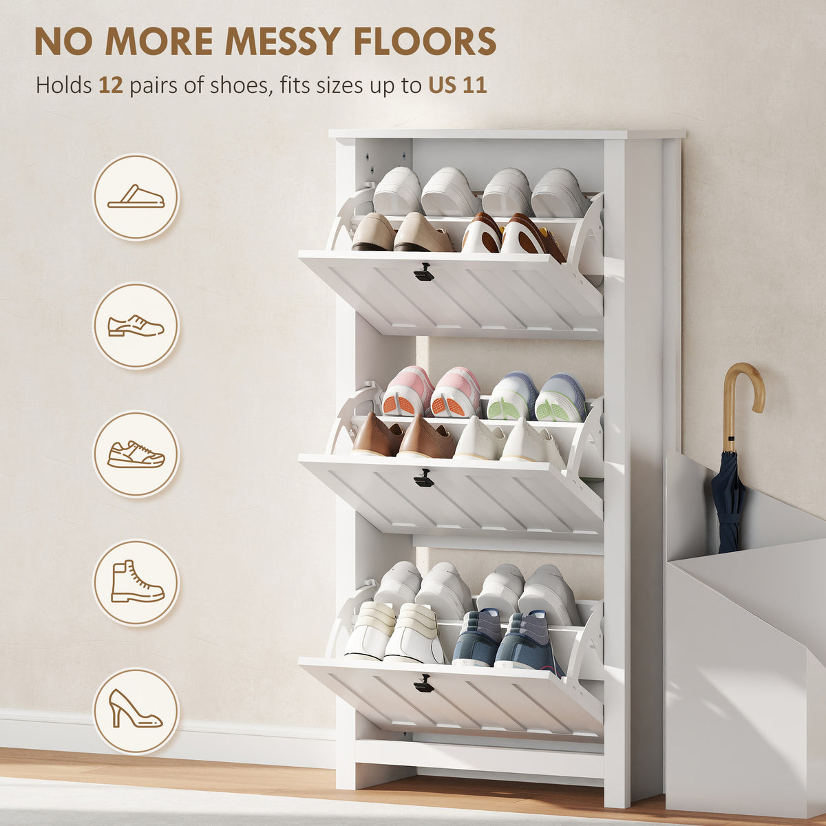 Slim Shoe Cabinet - 3 Flip Drawers, 12-Pair White-Home Furnishings > Storage & Organization > Shoe Storage Cabinets & Racks-DECOROLALA