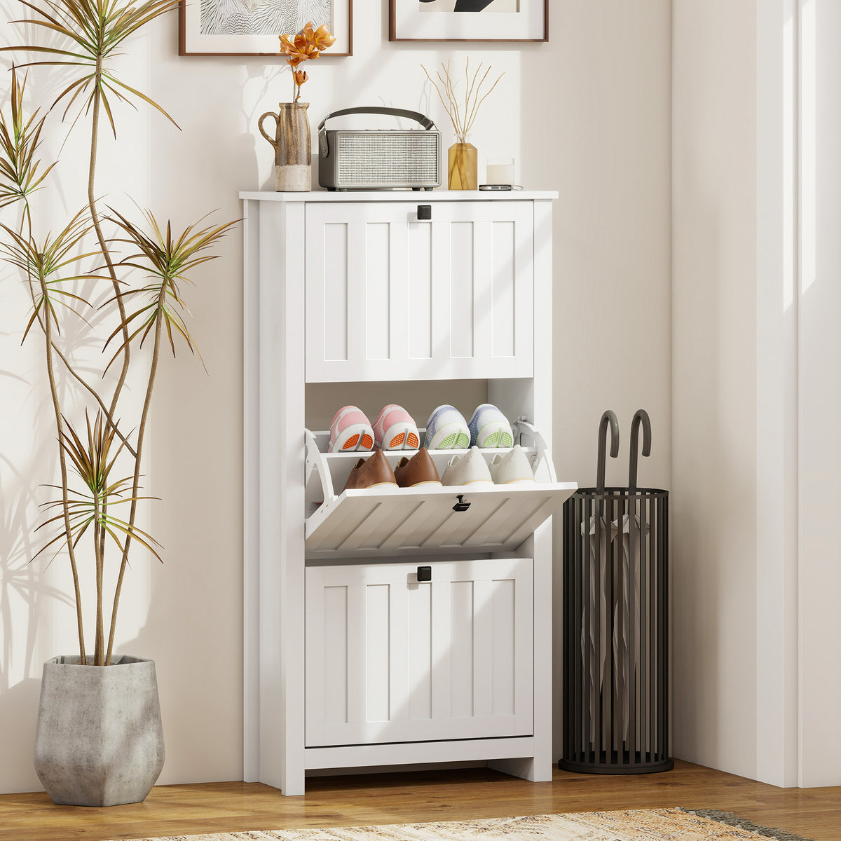 Slim Shoe Cabinet - 3 Flip Drawers, 12-Pair White-Home Furnishings > Storage & Organization > Shoe Storage Cabinets & Racks-DECOROLALA