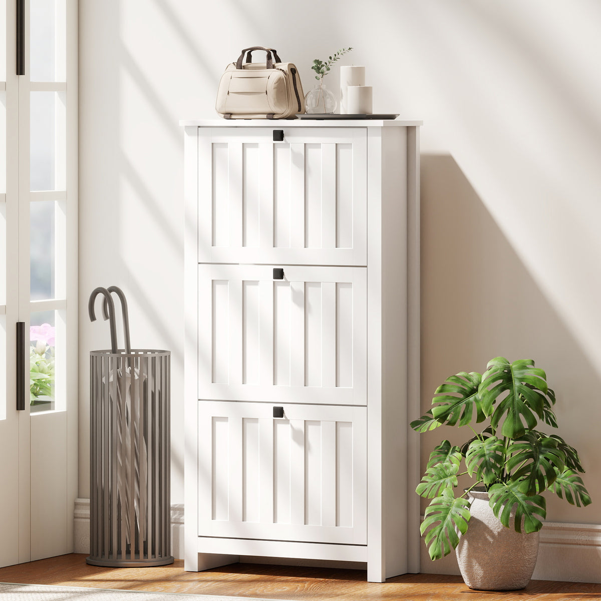Slim Shoe Cabinet - 3 Flip Drawers, 12-Pair White-Home Furnishings > Storage & Organization > Shoe Storage Cabinets & Racks-DECOROLALA