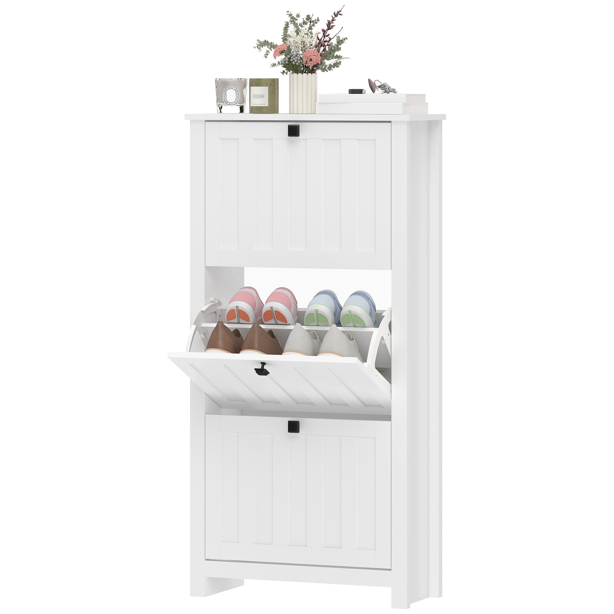 Slim Shoe Cabinet - 3 Flip Drawers, 12-Pair White-Home Furnishings > Storage & Organization > Shoe Storage Cabinets & Racks-DECOROLALA