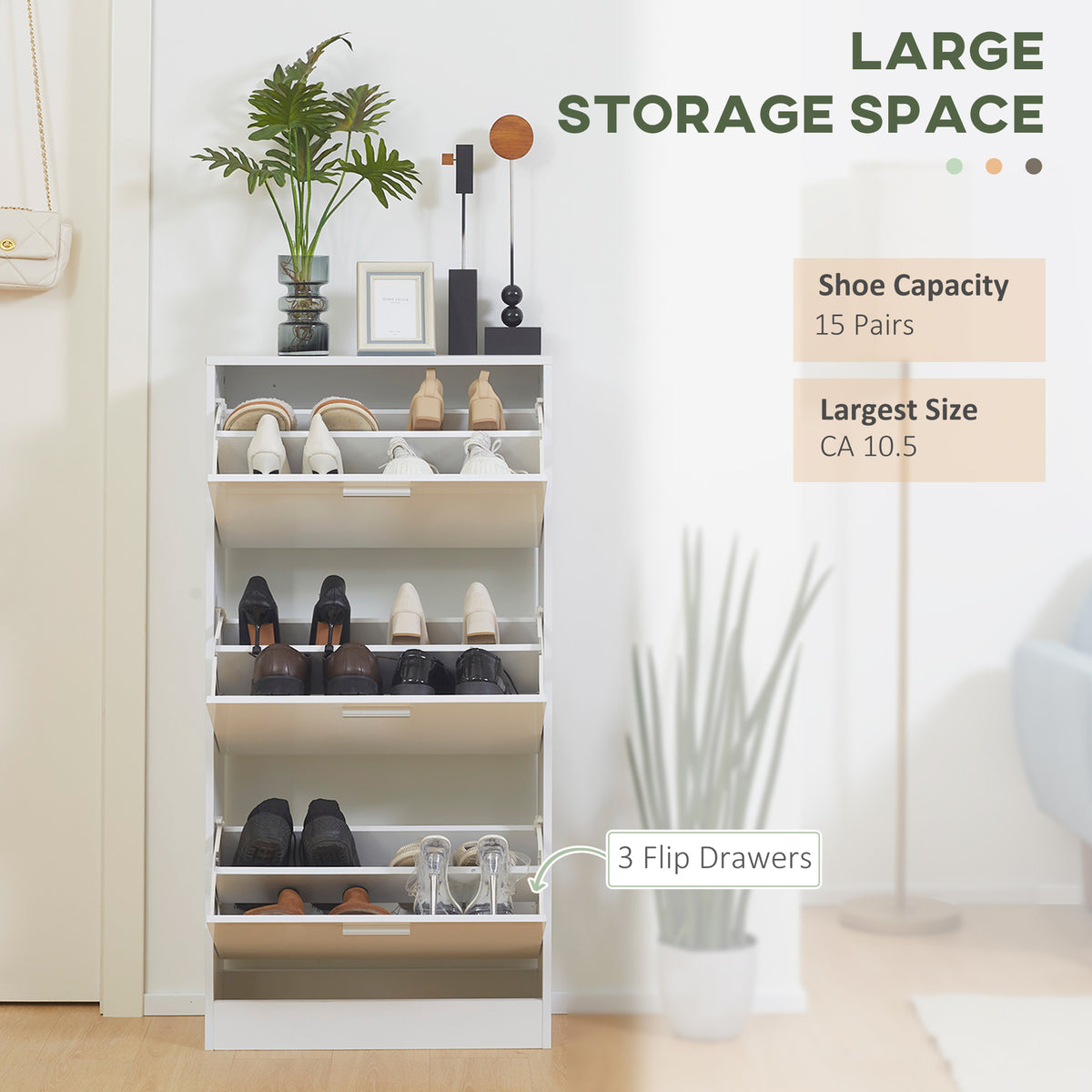Slim Shoe Cabinet - 3 Flip Drawers 15 Pair White-Home Furnishings > Storage & Organization > Shoe Storage Cabinets & Racks-DECOROLALA