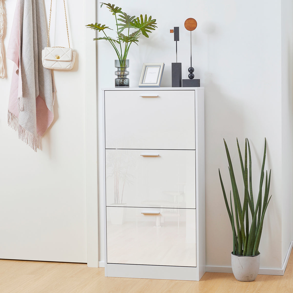 Slim Shoe Cabinet - 3 Flip Drawers 15 Pair White-Home Furnishings > Storage & Organization > Shoe Storage Cabinets & Racks-DECOROLALA