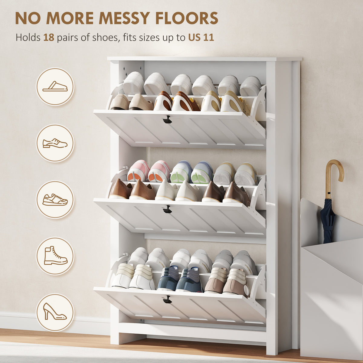 Slim Shoe Cabinet - 3 Flip Drawers 18-Pair White-Home Furnishings > Storage & Organization > Shoe Storage Cabinets & Racks-DECOROLALA